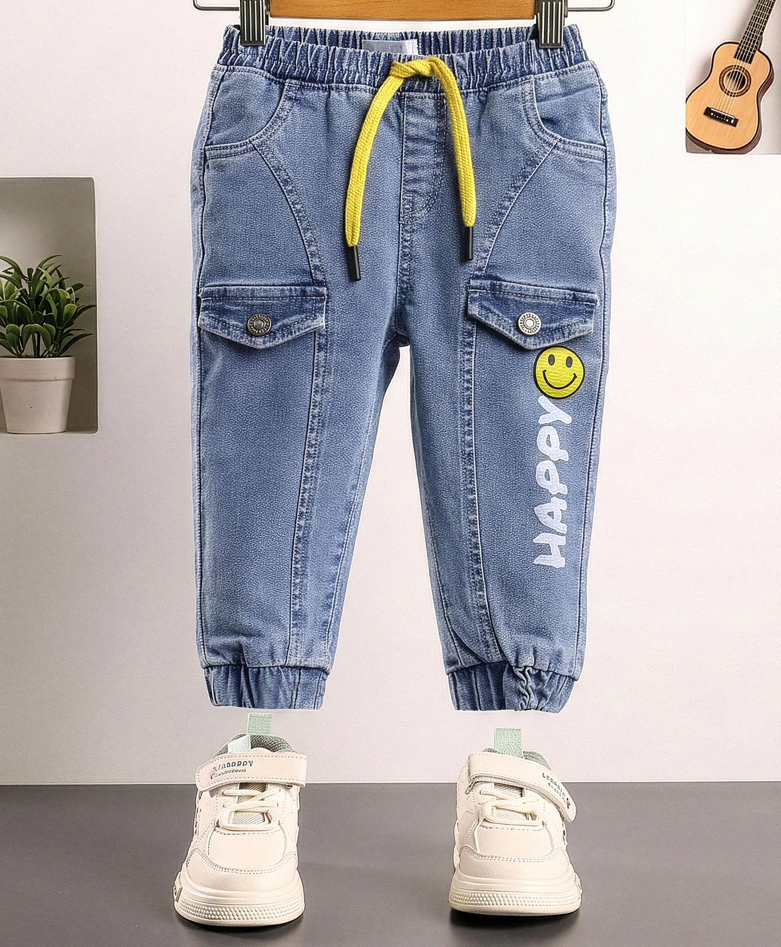 Mark & Mia Cotton Lycra Full Length Cut & Sew Denim Jeans with Pocket Detailing & Happy Print - Blue-picture-25