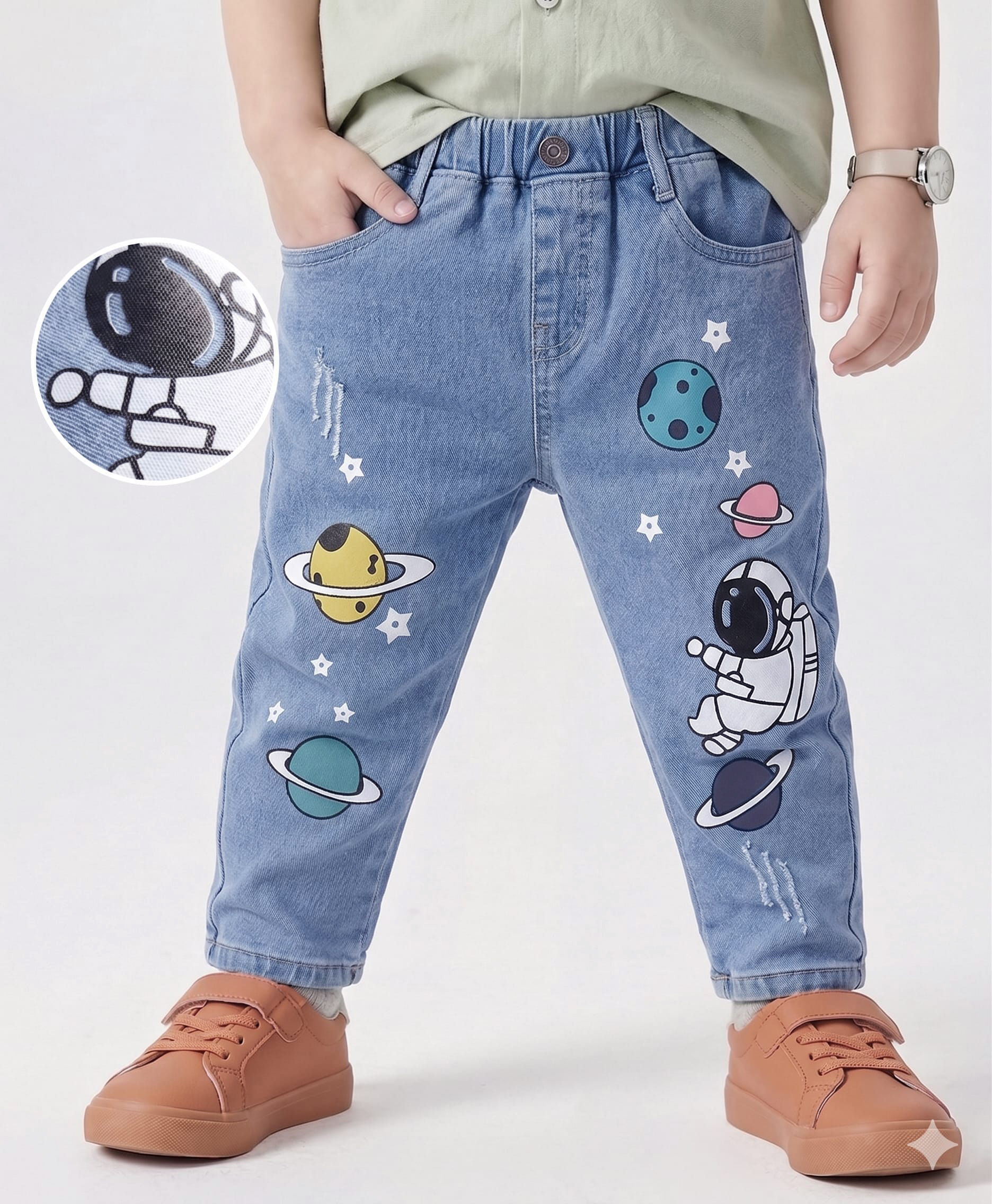 Mark & Mia Cotton Lycra Full Length Denim Jeans with Space Theme Print Detailing - Blue-picture-31
