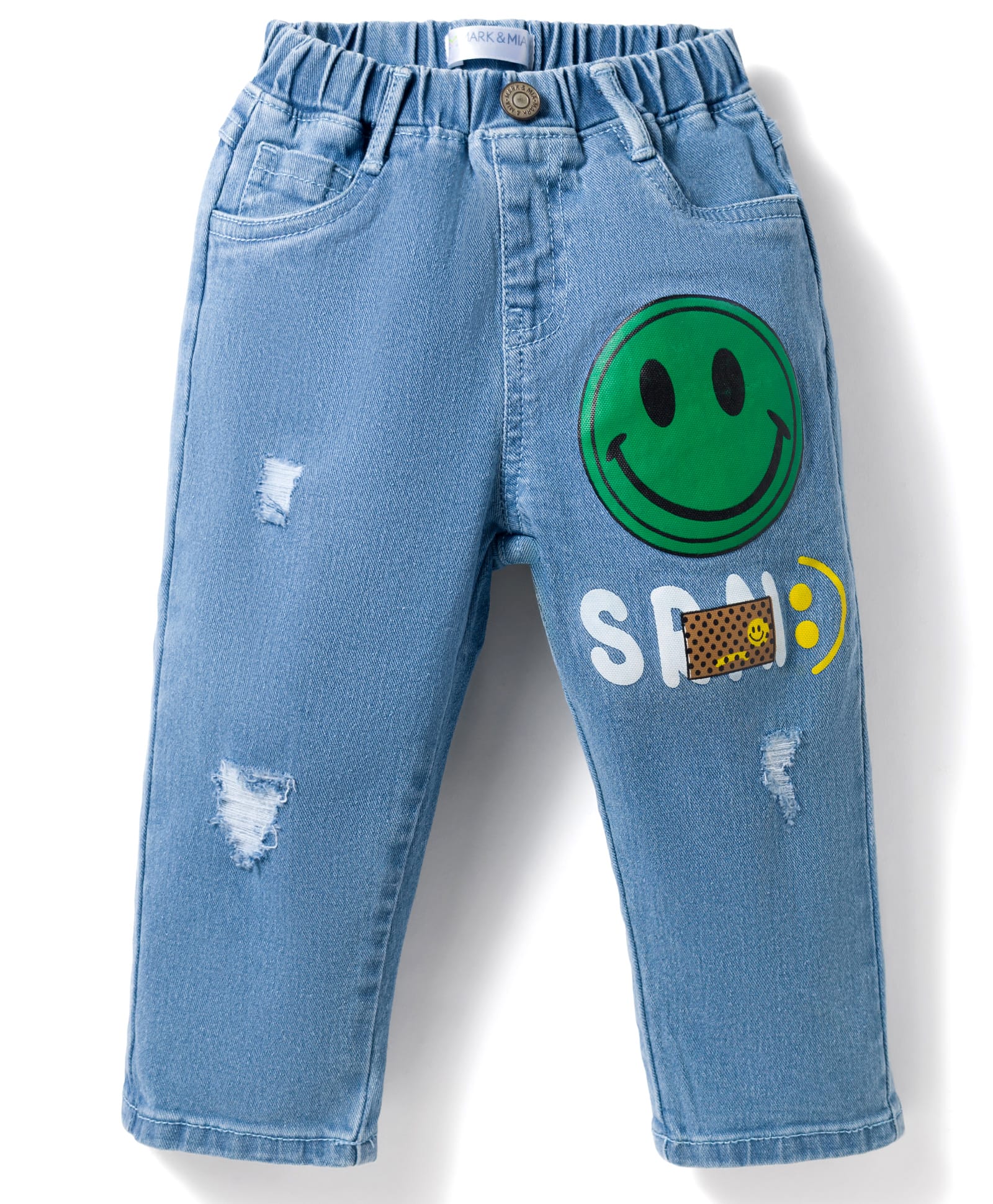Mark & Mia Cotton Lycra Full Length Denim Jeans with Distressed Detailing & Smiley Print - Blue