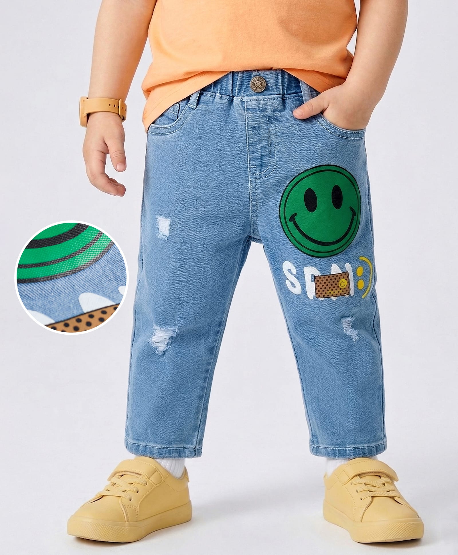 Mark & Mia Cotton Lycra Full Length Denim Jeans with Distressed Detailing & Smiley Print - Blue-picture-31