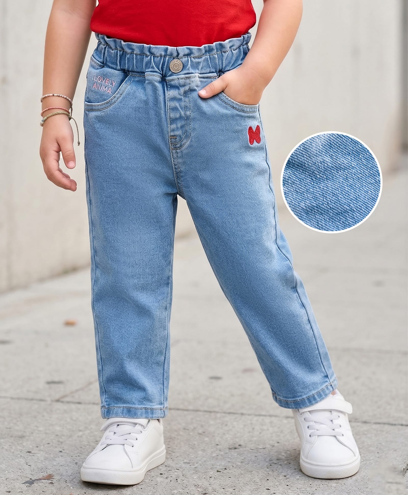 Mark & Mia Cotton Lycra Full Length Paper Bag Waistband Denim Jeans with Bow Embroidery - Blue-picture-10
