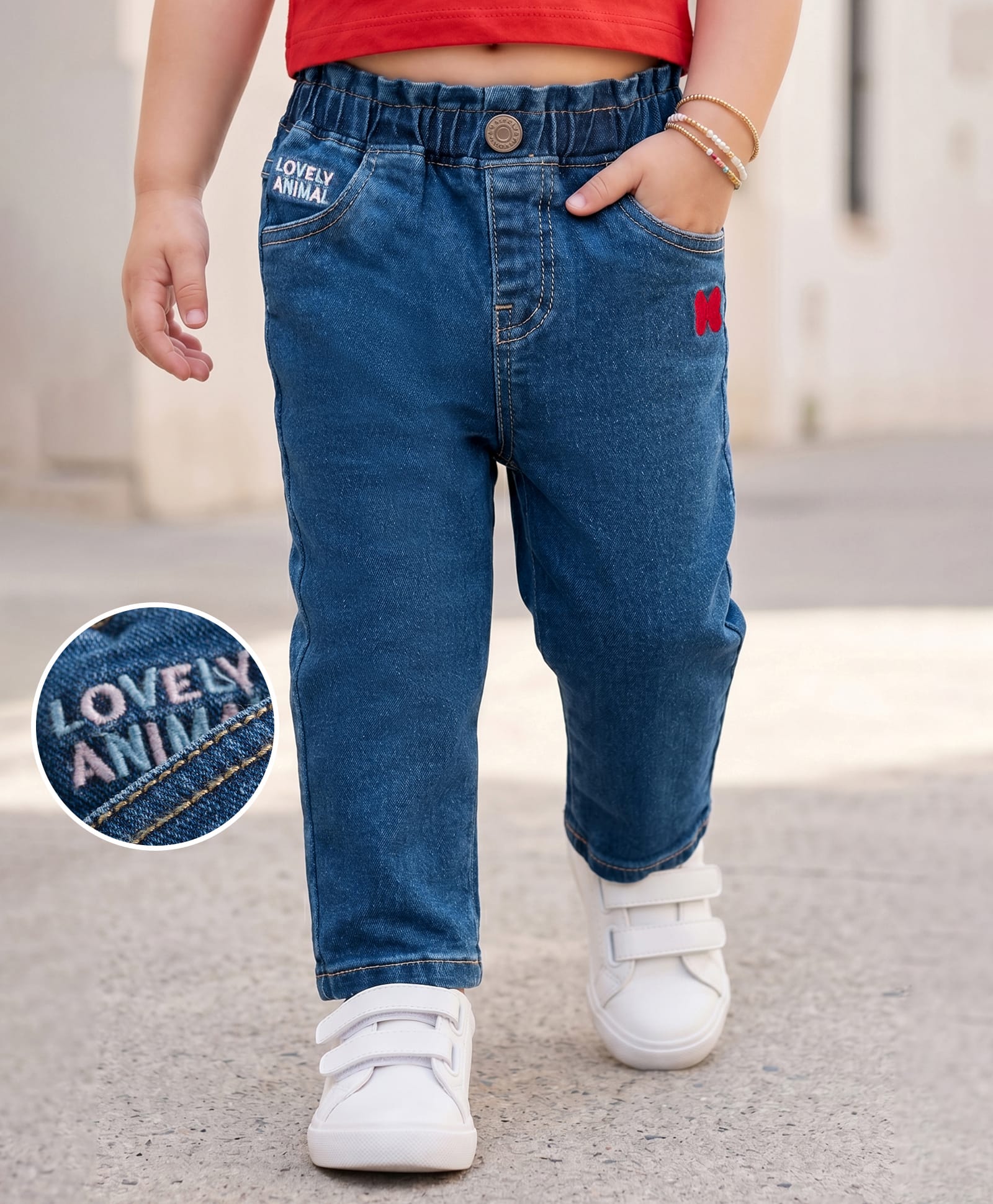 Mark & Mia Cotton Lycra Full Length Paper Bag Waistband Denim Jeans with Bow Embroidery - Navy Blue-picture-14