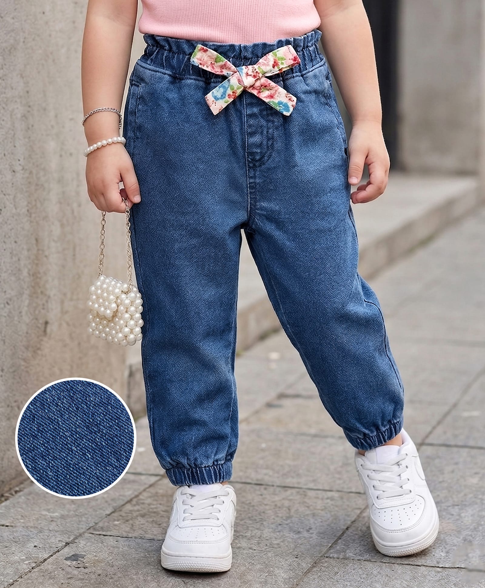 Mark & Mia Cotton Lycra Knit Full Length Denim Jeans with Bow Detailing - Blue-image-48