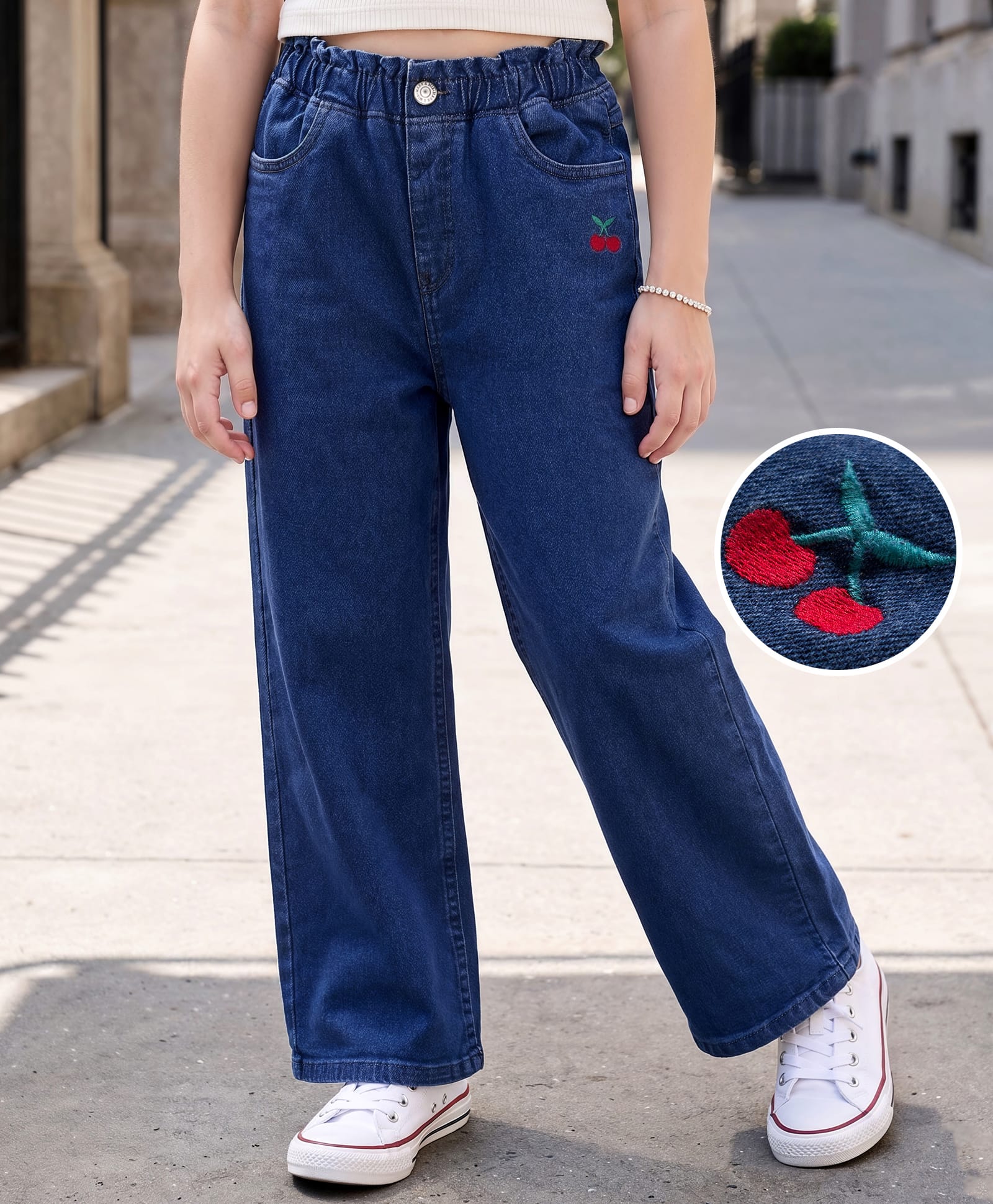 Mark & Mia Cotton Lycra Full Length Denim Jeans with Papebag Waistband & Cherry Embroidery - Blue-picture-12