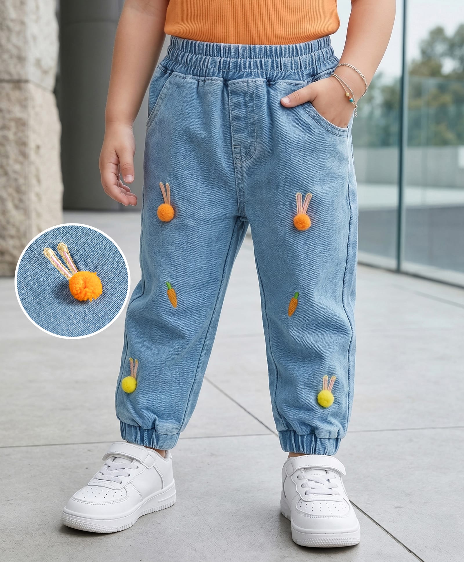 Mark & Mia Cotton Lycra Knit Full Length Denim Jeans with Embroidery & Pom Pom Detailing - Blue-image-1