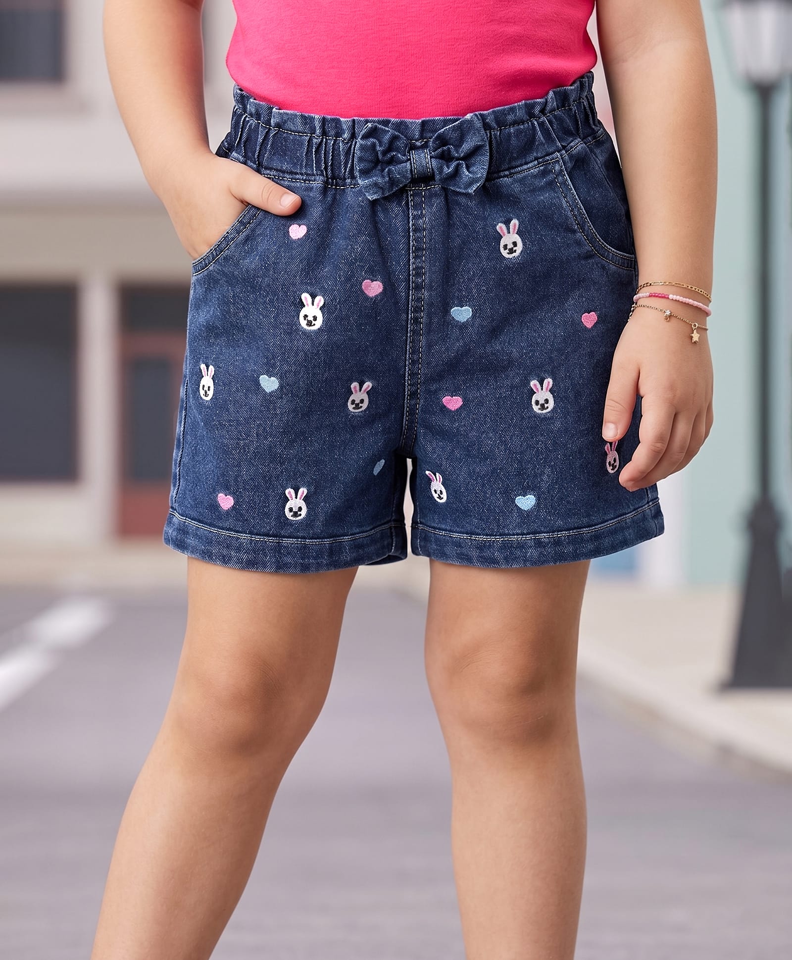 Mark & Mia Denim Cotton Lycra Shorts With Bunny & Bow Embroidery - Navy Blue-image-44
