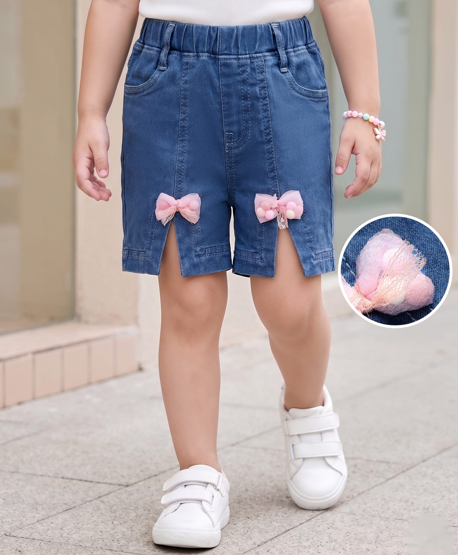 Mark & Mia Cotton Lycra Cut N Sew Denim Shorts With Bow Applique - Light Blue-picture-27