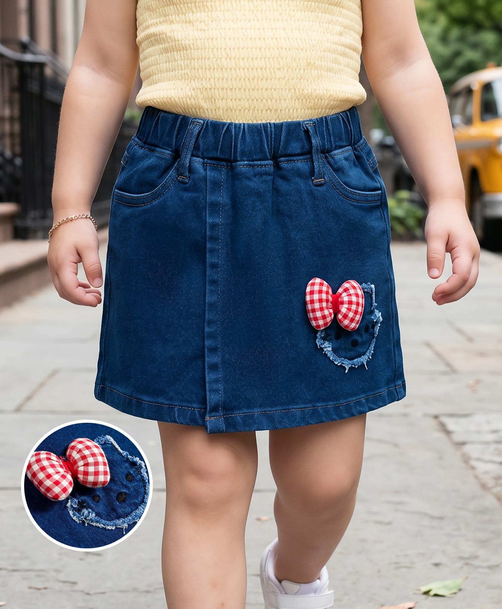 Mark & Mia Cotton Lycra Denim Skort with Bow Applique & Embroidery - Navy Blue-picture-33