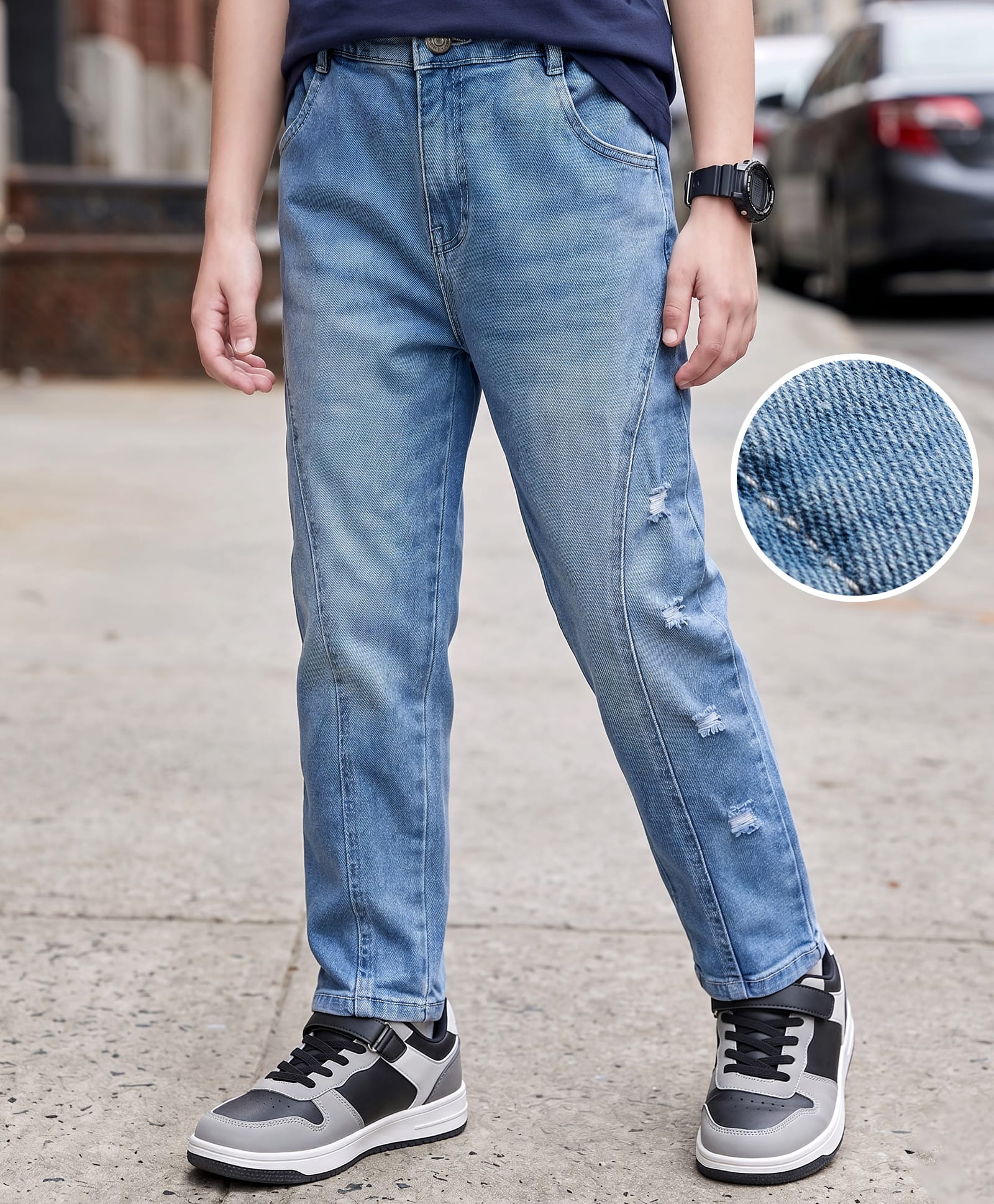 Mark & Mia Cotton Lycra Full Length Cut & Sew Denim Jeans with Tearing Ailing - Light Blue-picture-12
