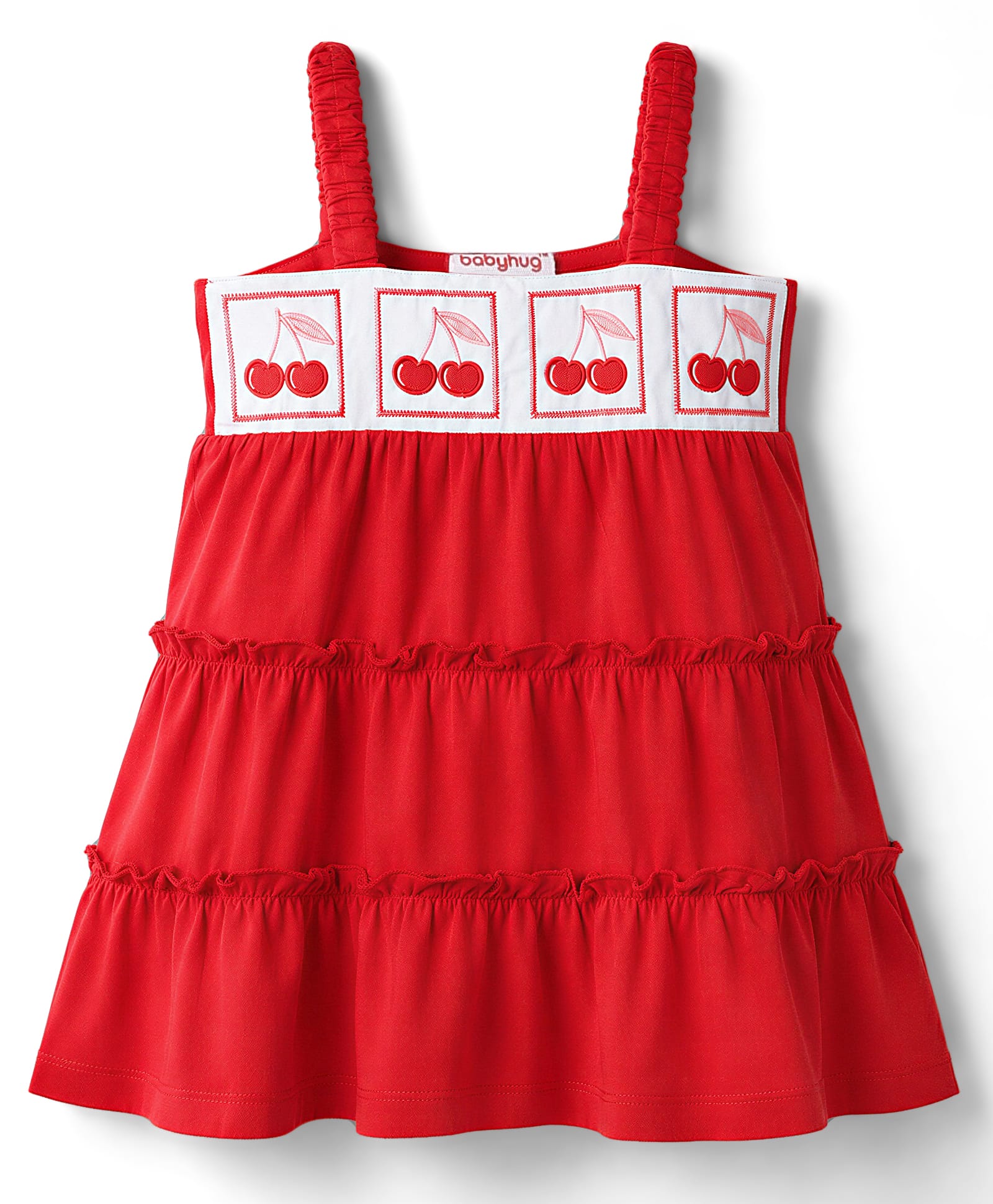 Babyhug 100% Cotton Knit Sleeveless Cherry Embroidered Tiered Frock - Red-image-6