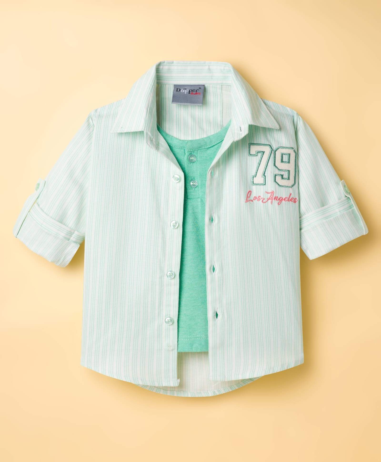 Dapper Dudes Woven Full Sleeves Striped Shirt & Attached T-Shirt with Text Embroidery - Sea Green-image-31