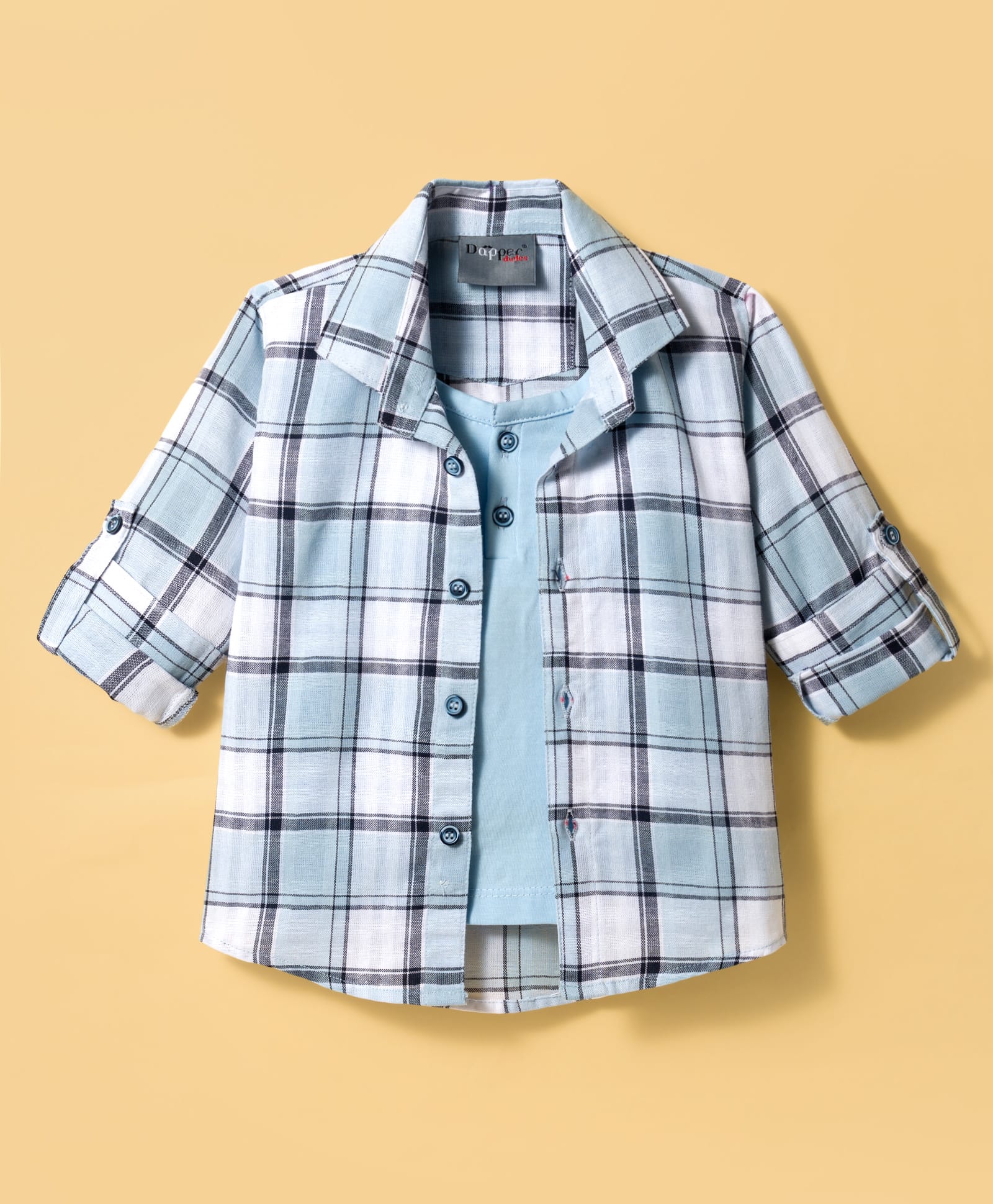 Dapper Dudes Cotton Mixes Woven Full Sleeves Checks Shirt With Attached Tee - Light Blue-image-40