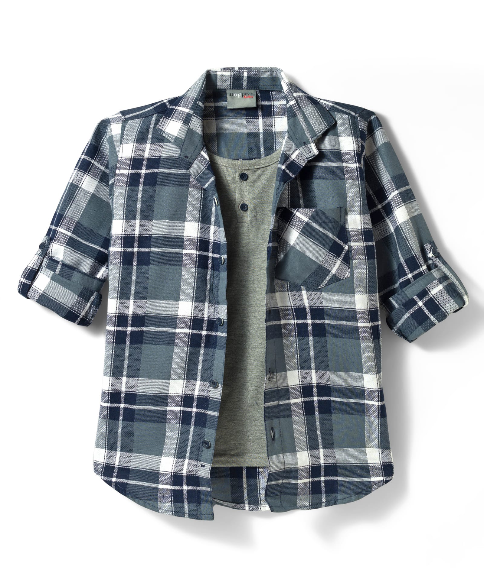 Dapper Dudes Cotton Mixes Woven Full Sleeves Checks Shirt With Attached Tee - Navy Blue-image-13