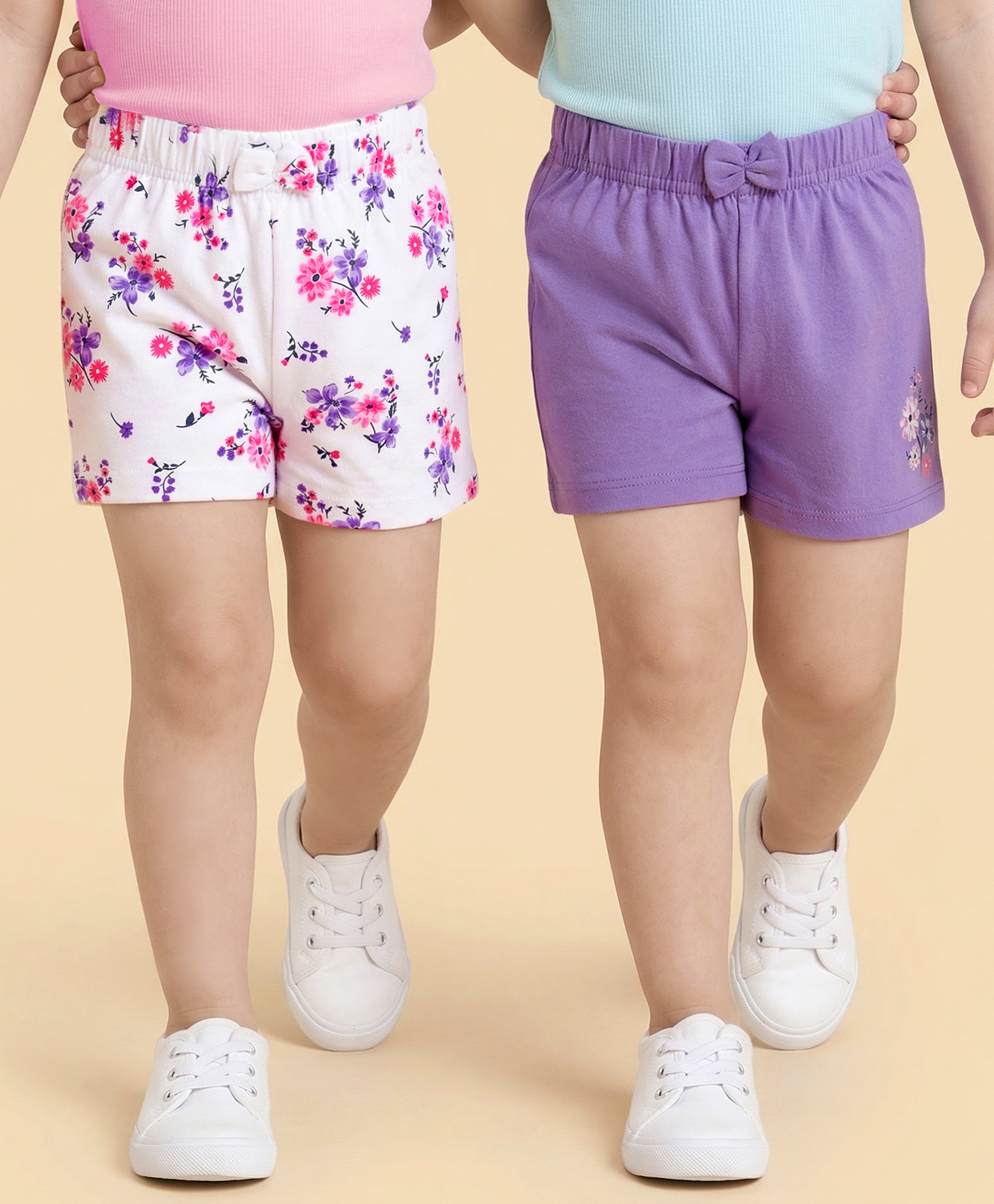 Babyhug Cotton Knit Mid Thigh Floral Printed Shorts With Bow Applique - Multicolour-image-38