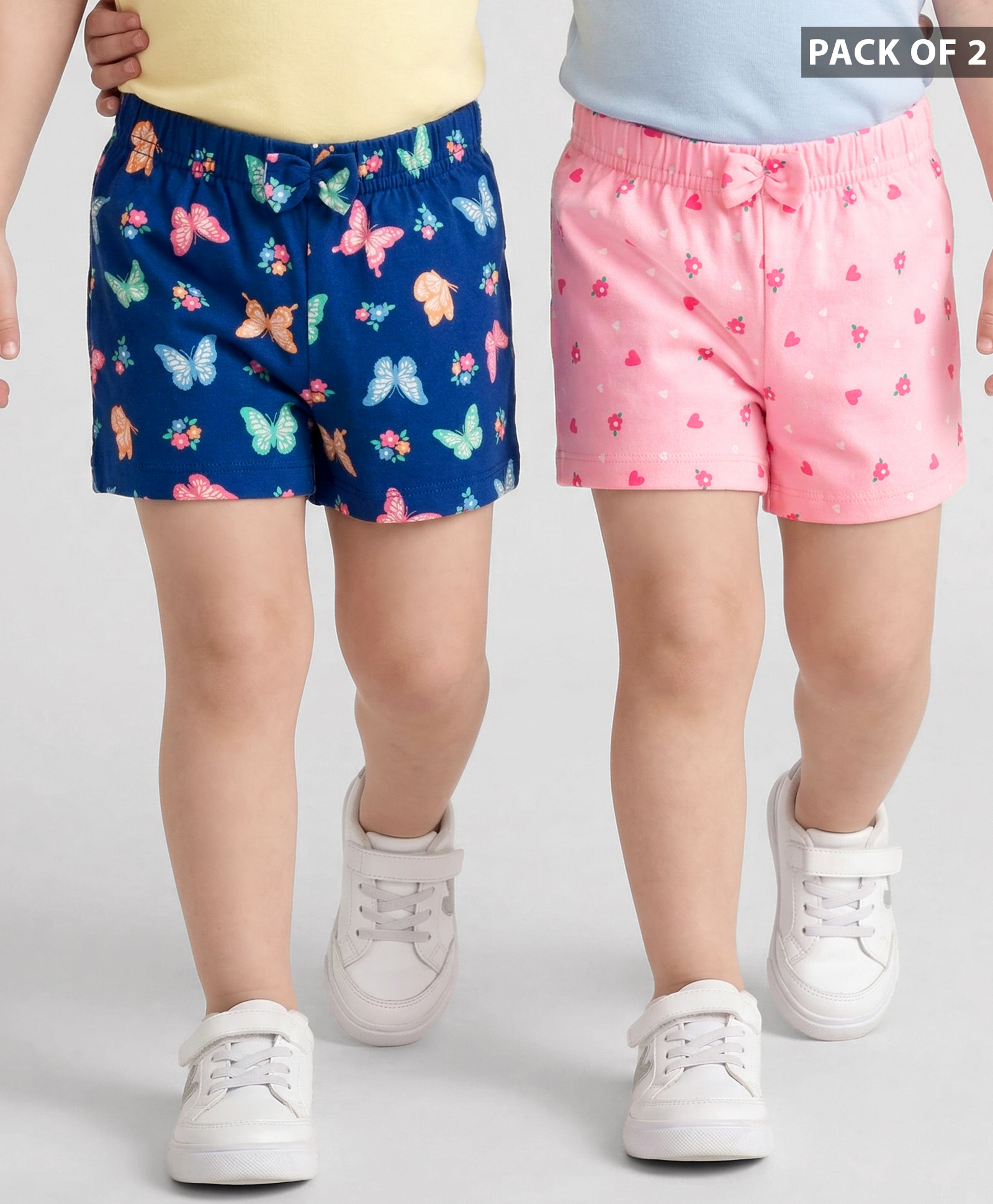 Babyhug Cotton Knit Mid Thigh Shorts with Floral & Butterfly Print & Bow Applique Pack of 2 - Navy Blue & Pink-image-43