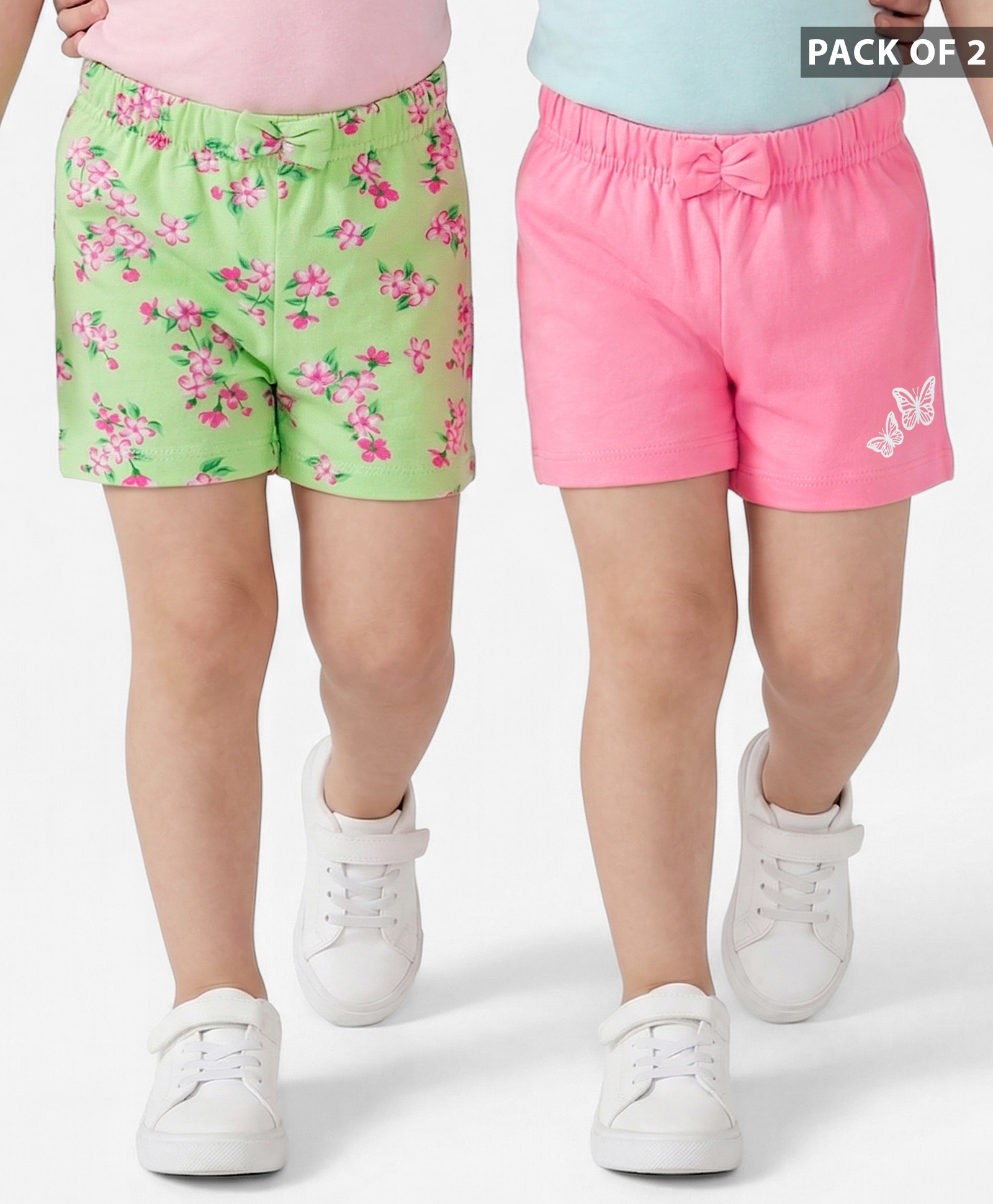 Babyhug Cotton Knit Mid Thigh Shorts with Floral & Butterfly Print & Bow Applique Pack of 2 - Light Green & Pink-image-48