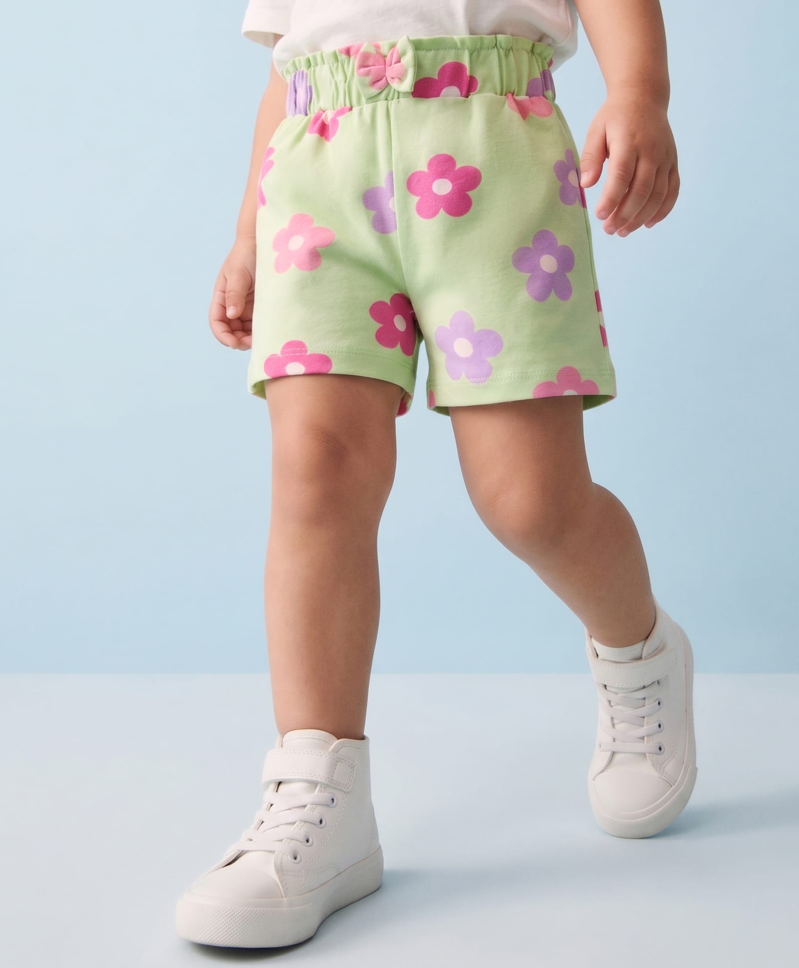 Babyhug Cotton Knit Mid Thigh Floral Printed Shorts With Bow Applique - Light Green-image-46