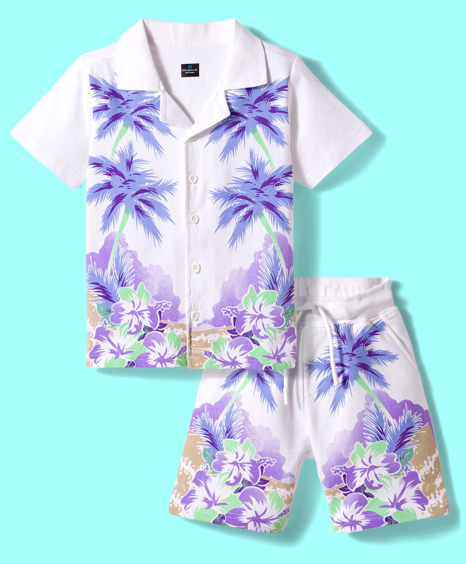 OLLINGTON ST. Cotton Knit Set Of Printed Half Sleeves Shirt & Shorts - White-image-11
