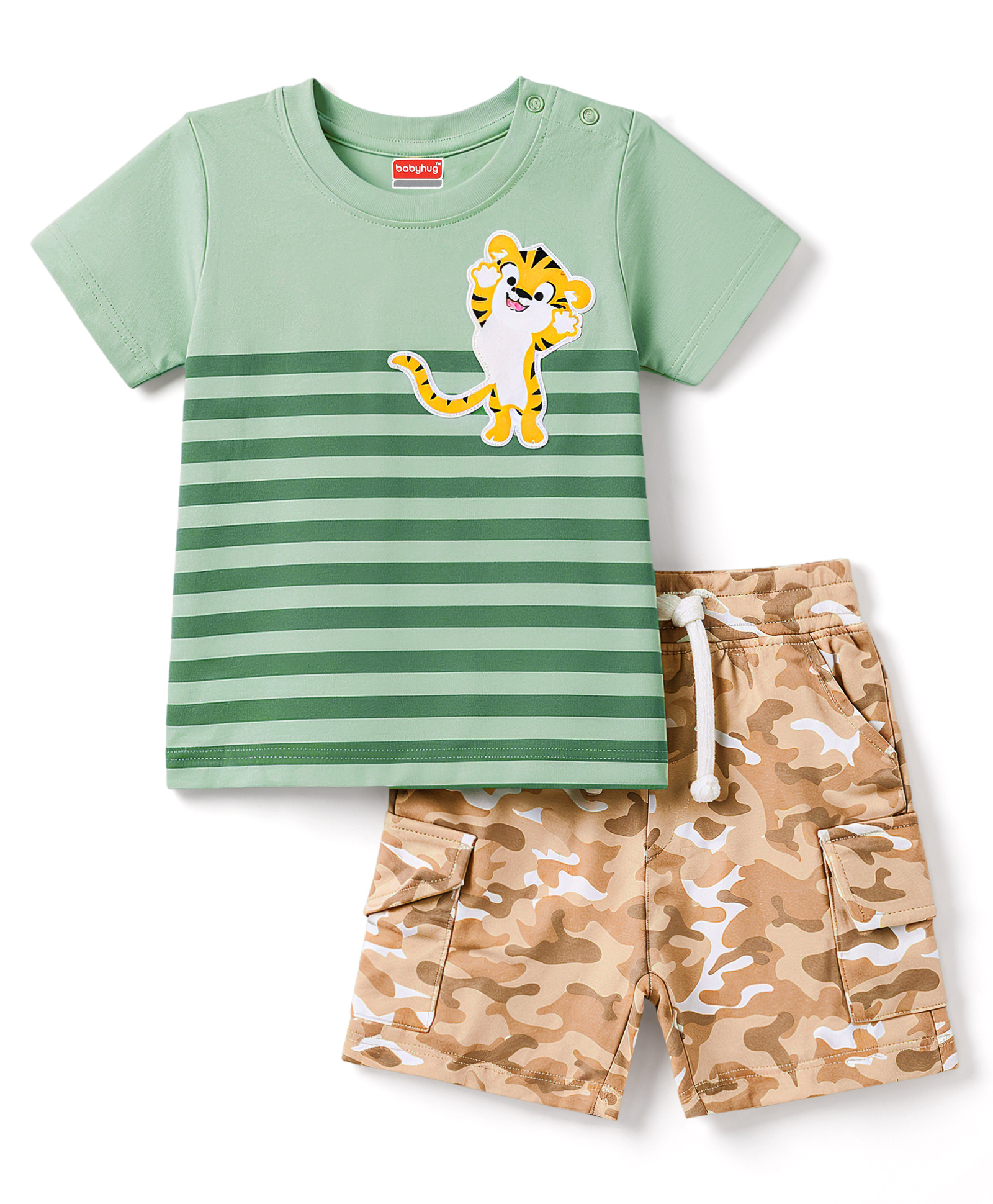 Babyhug Single Jersey Knit Half Sleeves Striped T-Shirt With Lion Patch & Military Cargo Shorts Set - Green & Beige-picture-15
