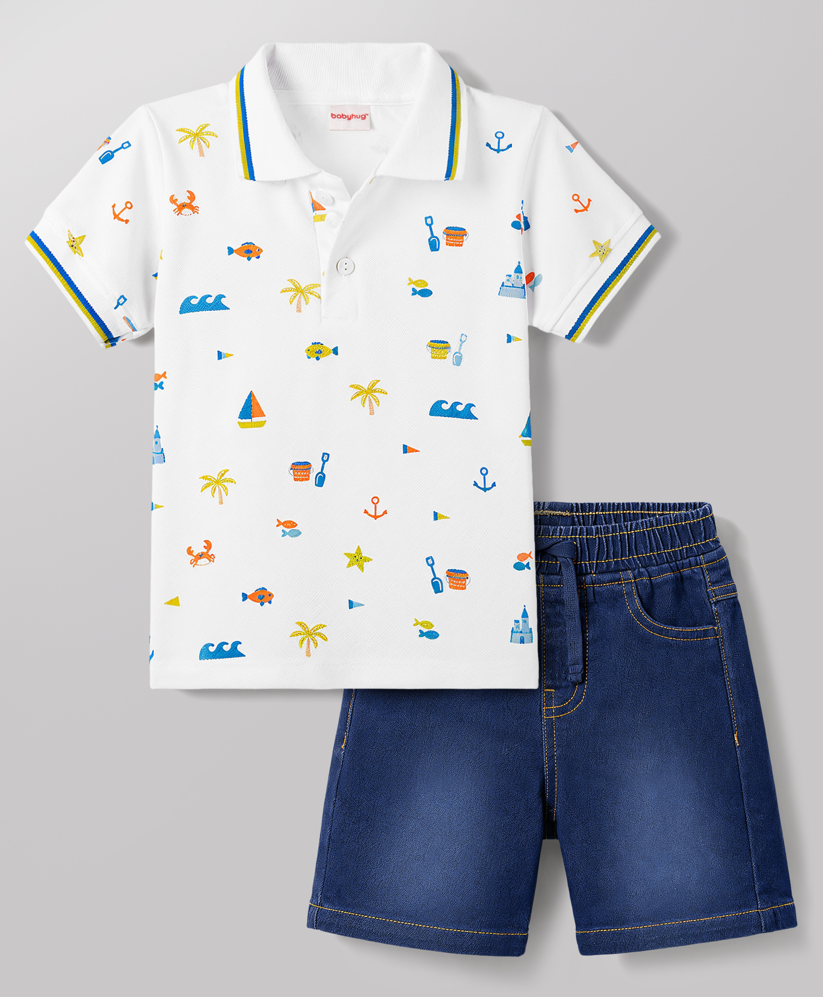 Babyhug Single Jersey Knit Half Sleeves Polo T-Shirt & Denim Shorts Set With Sea Life Print - White & Blue-image-34