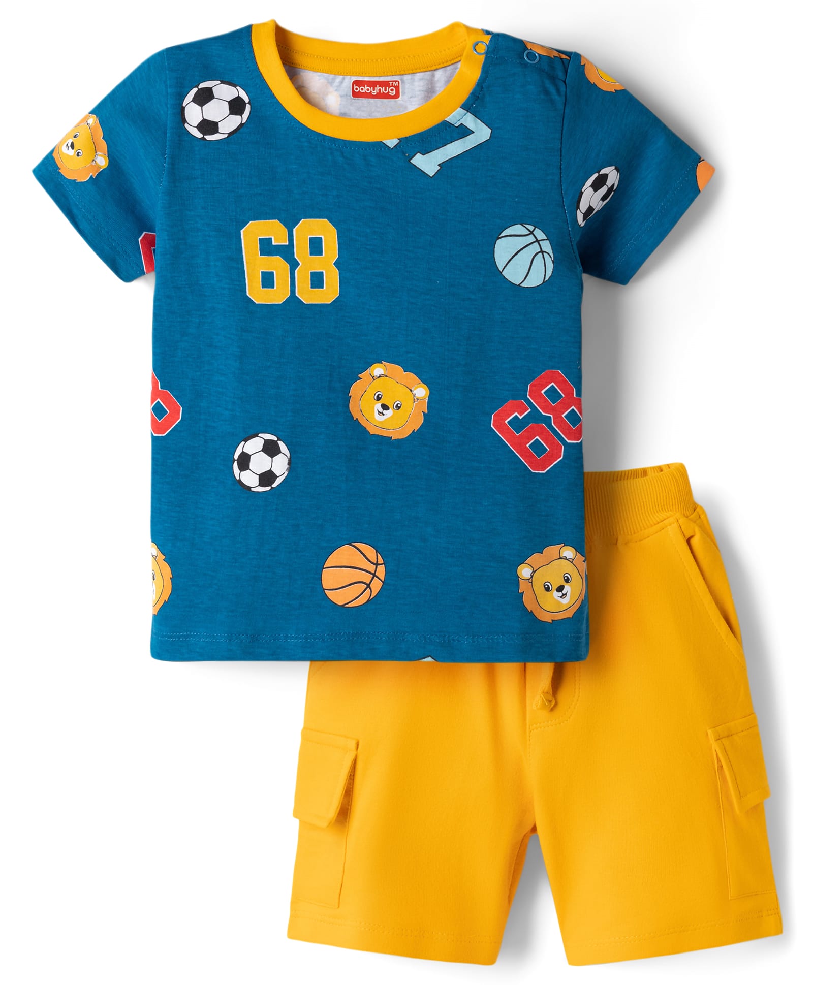 Babyhug Single Jersey Knit Half Sleeves T-Shirt & Shorts Set with Basketball Print - Blue-picture-22