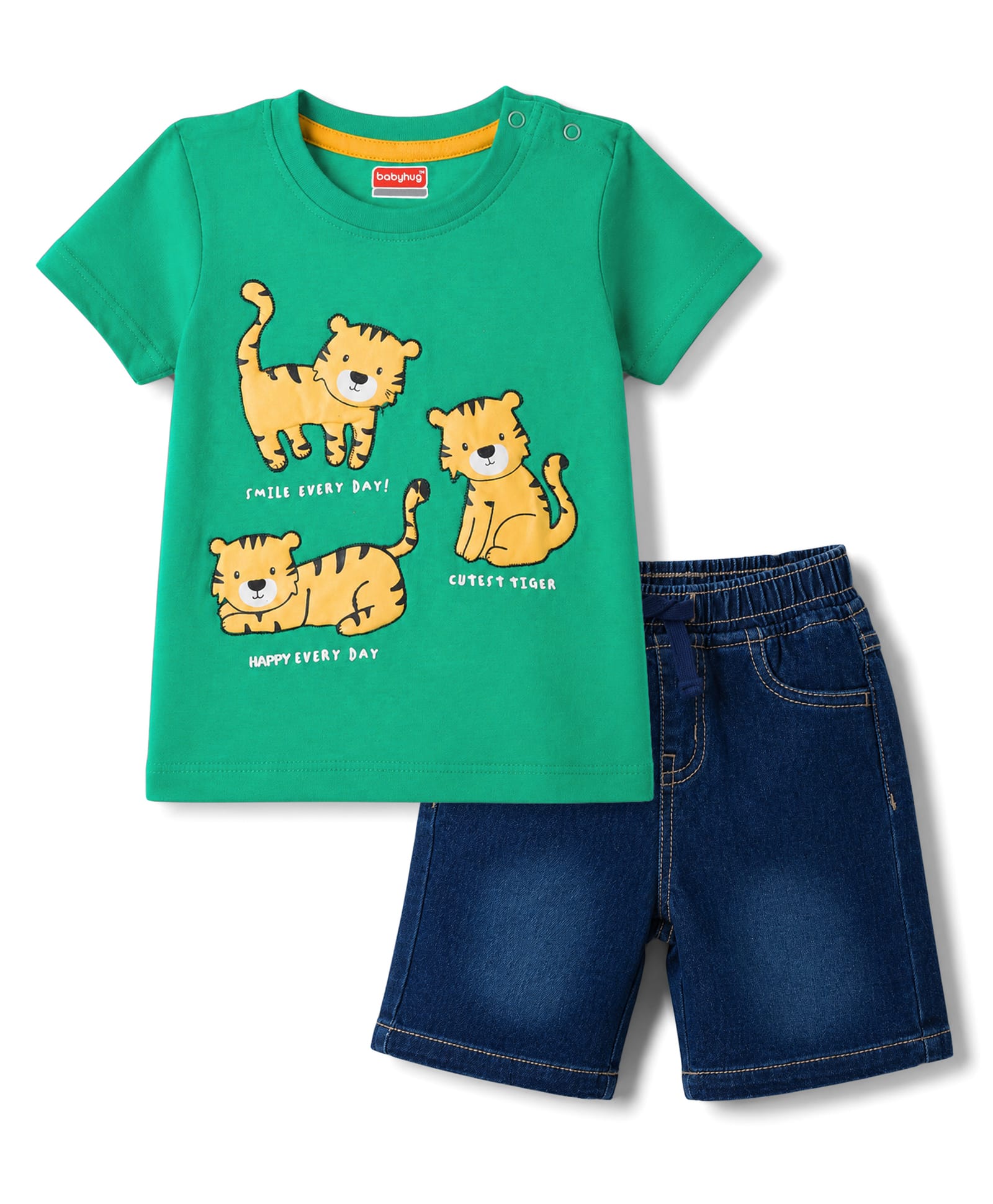 Babyhug Single Jersey Knit Half Sleeves T-Shirt & Denim Shorts With Animal Print - Green-picture-23