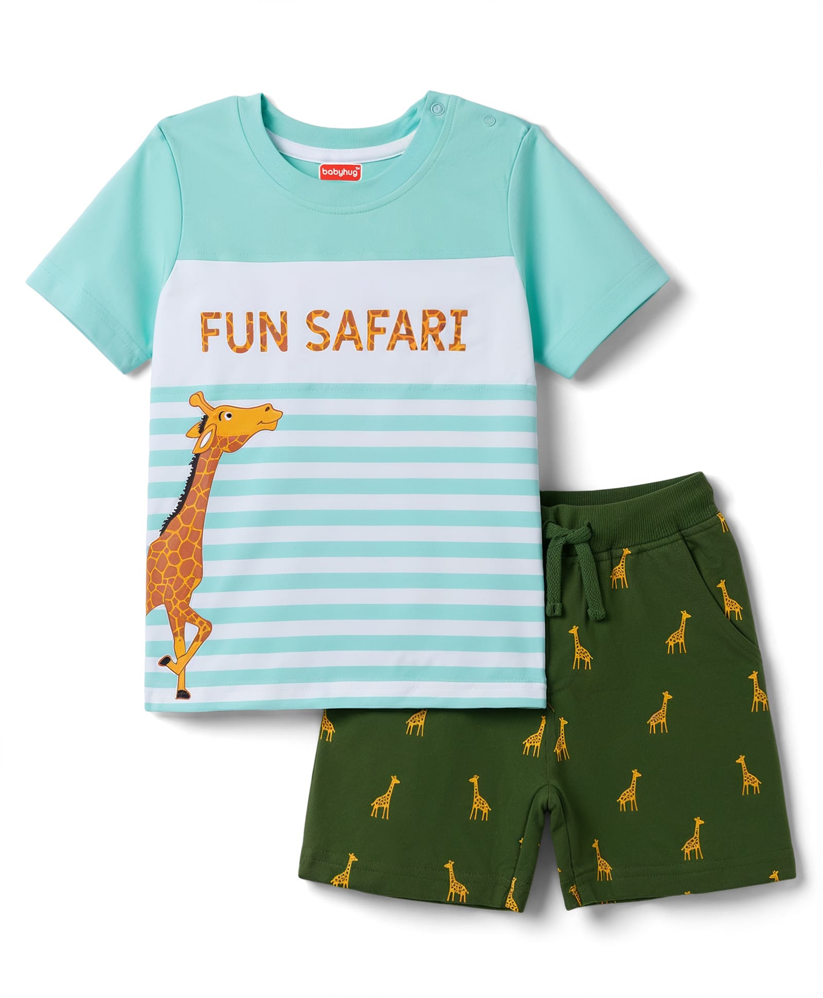 Babyhug 100% Cotton Knit Half Sleeves Giraffe Printed & Striped T-Shirt & Shorts Set - Light Blue & Green-image-4