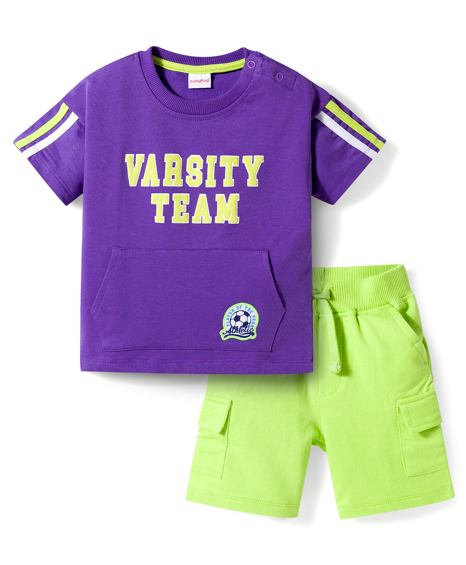 Babyhug Single Jersey Knit Half Sleeves T-Shirt & Shorts Set with Varsity Print - Purple & Light Green-image-31