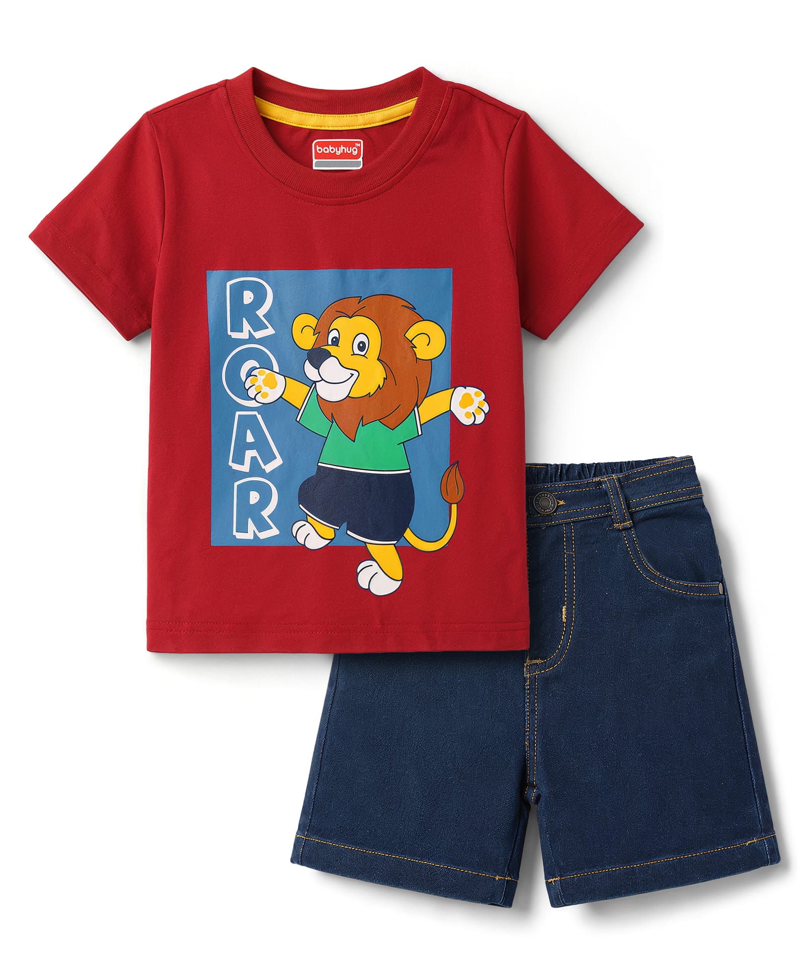 Babyhug Single Jersey Knit Half Sleeves T-Shirt & Denim Shorts With Lion Print - Red & Blue-image-15