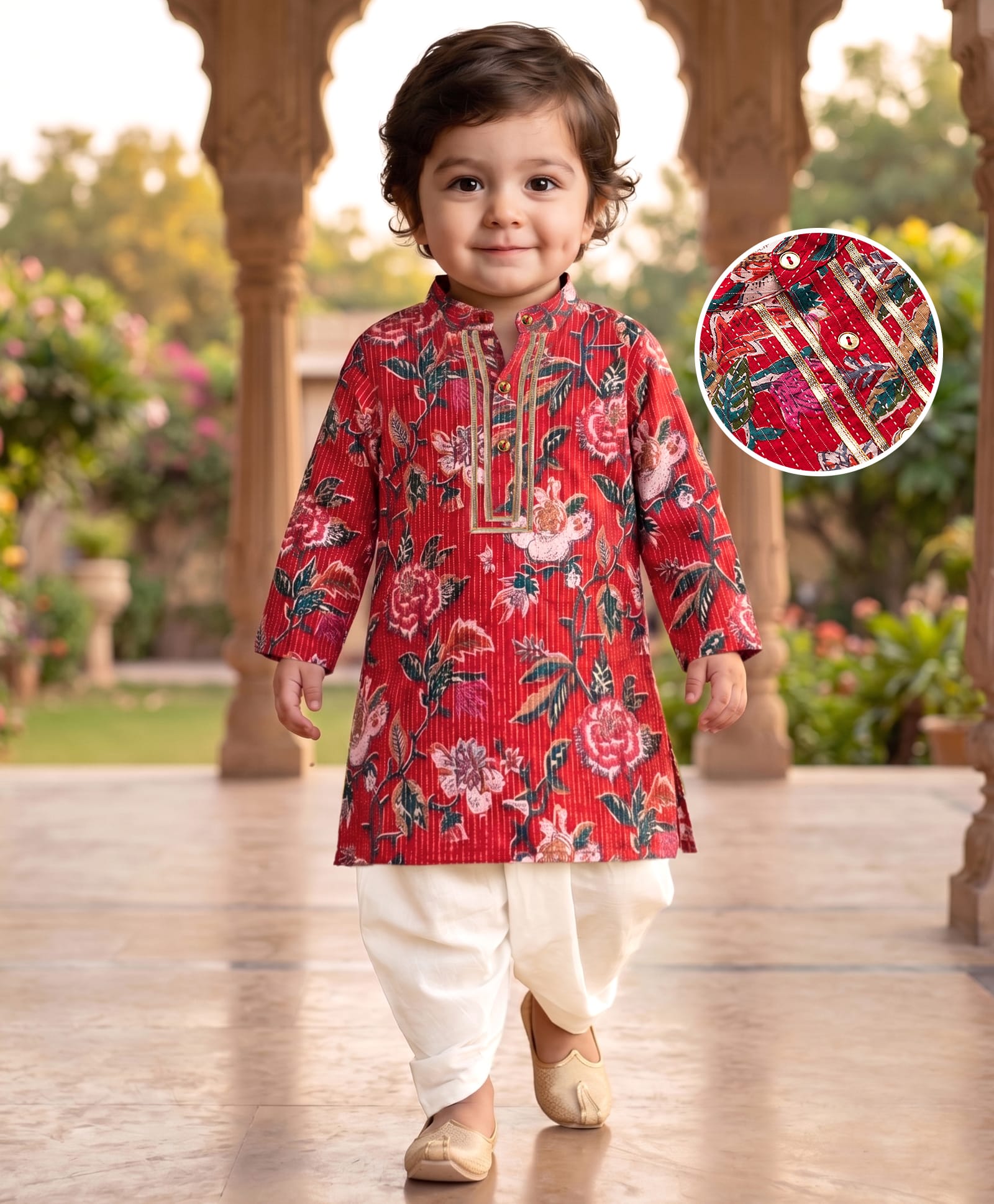 EARTHY TOUCH Cambric Woven Full Sleeves Kurta Dhoti Set with Floral Print - Red-picture-19