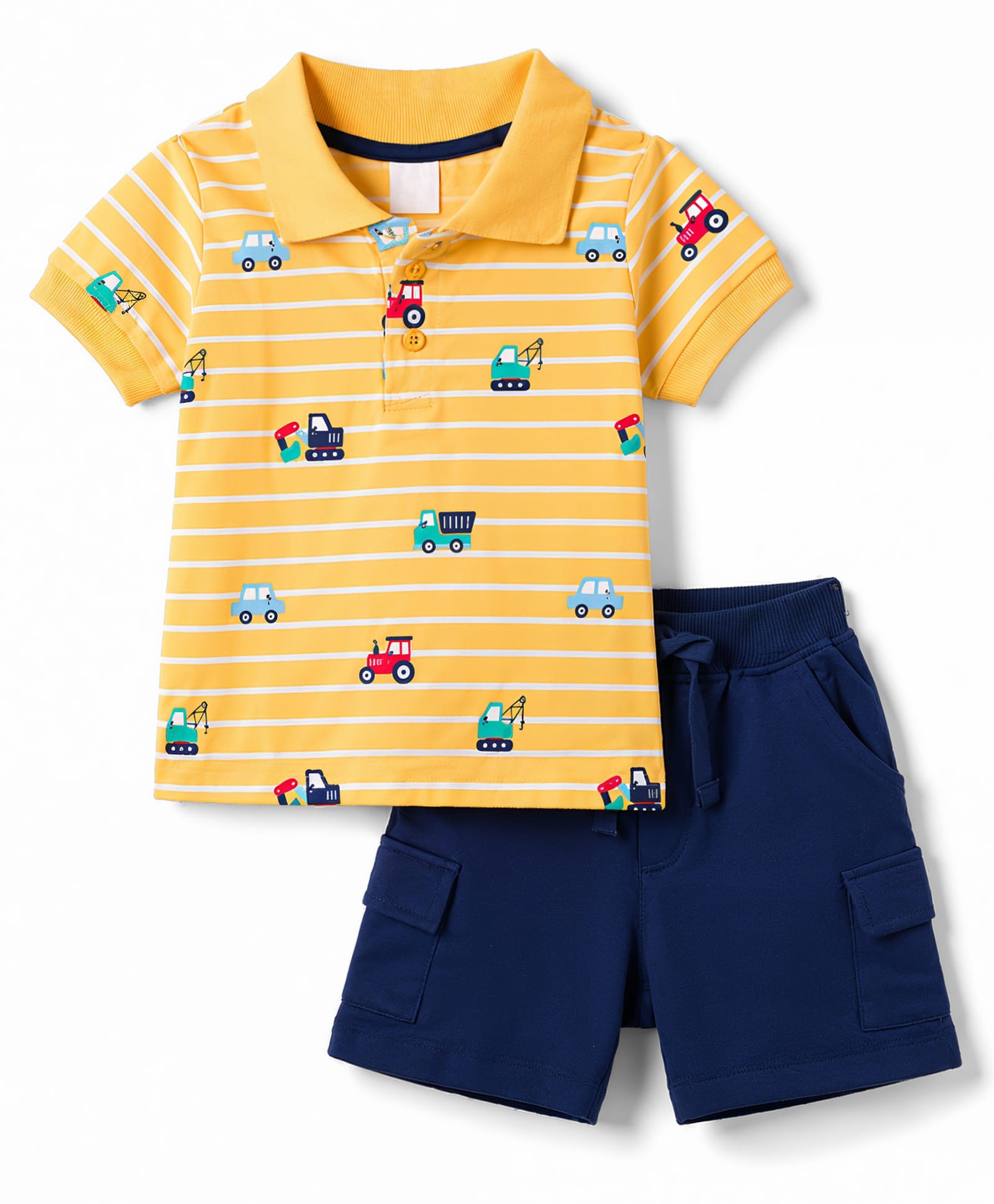 Babyhug 100% Cotton Knit Half Sleeves Striped & Vehicles Printed Polo T-Shirt & Shorts Set - Yellow & Navy Blue-image-7