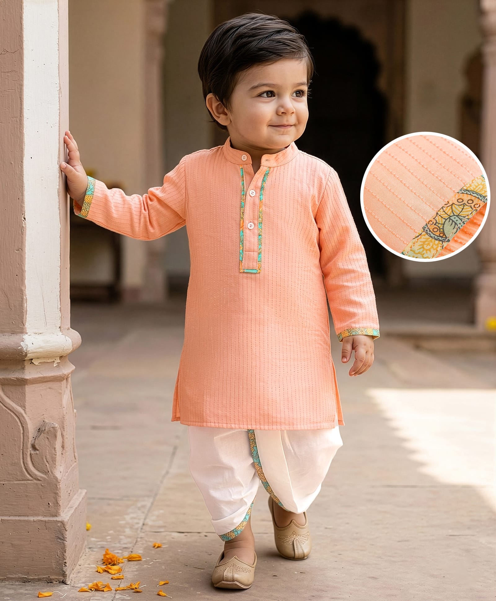 EARTHY TOUCH Cotton Woven Full Sleeves Solid Color Kurta Dhoti Set - Peach-image-40