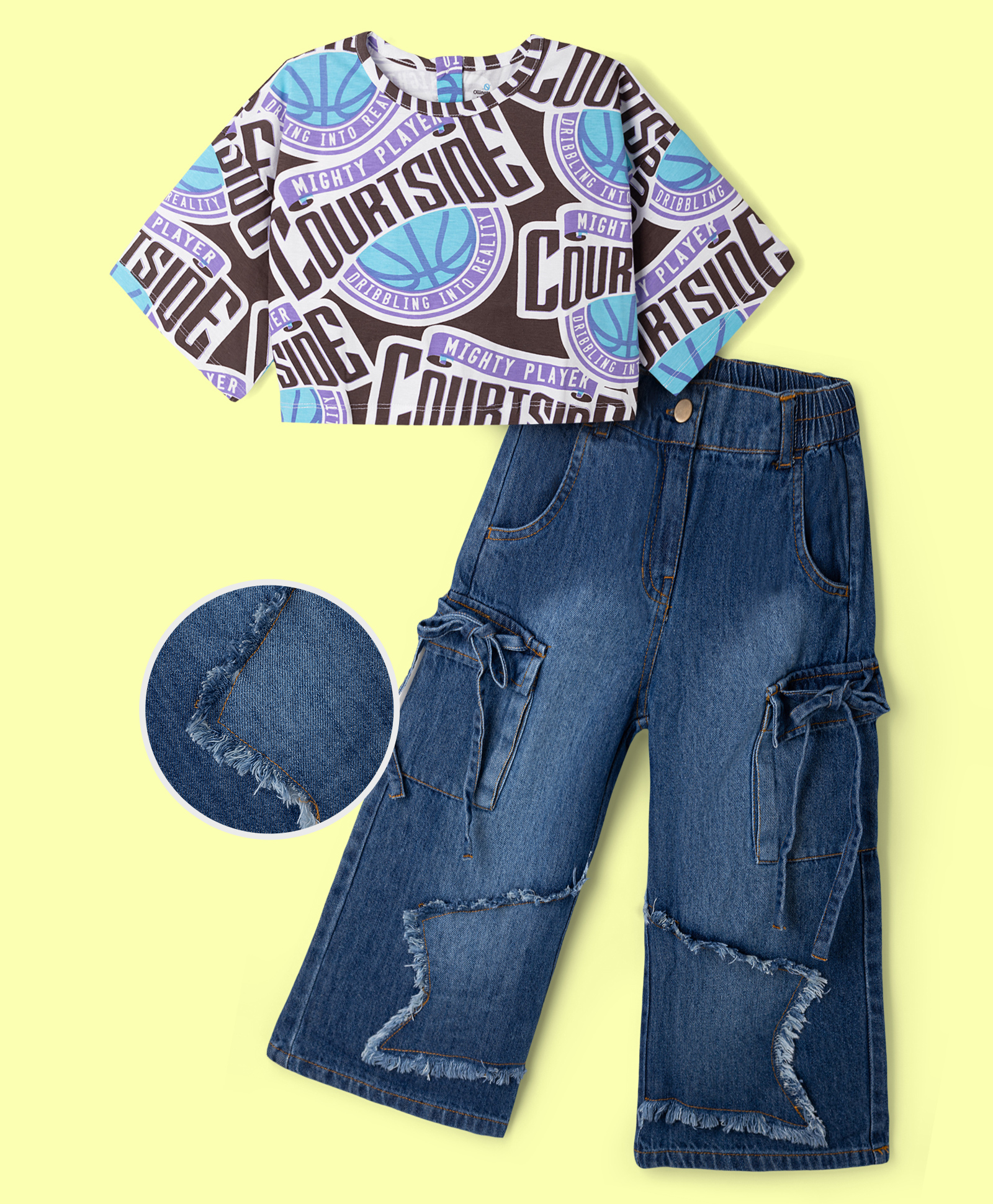 OLLINGTON ST. Cotton Sinker Knit Half Sleeves Top with Text Print & Denim Pants - Blue-image-25