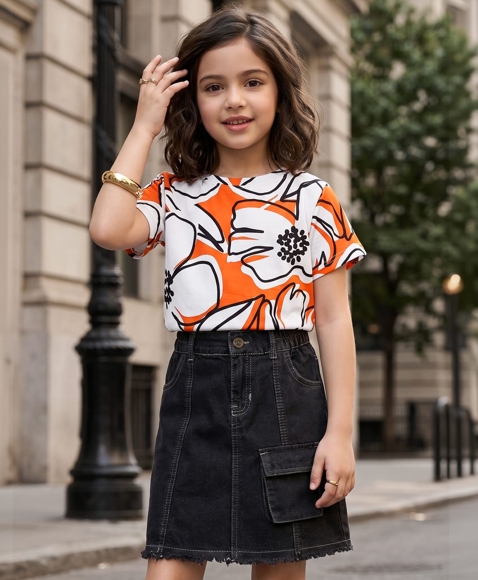 OLLINGTON ST. Sinker Cotton Knit Half Sleeve Floral Printed Top & Denim Skirts - White & Indigo-image-12