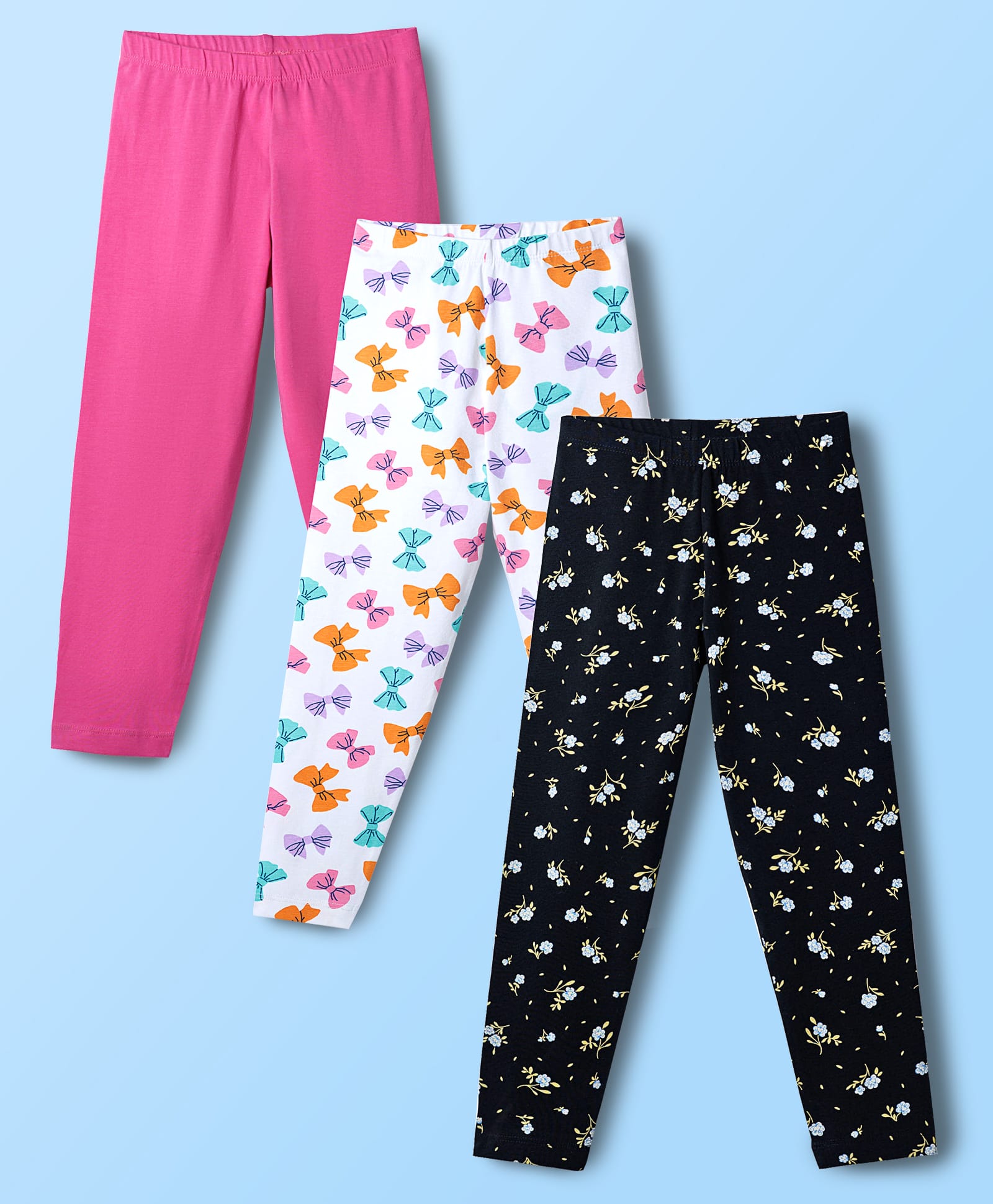 kookie kids india Kookie Kids Cotton Lycra Knit Full Length Leggings With Floral & Bow Print Pack of 3 - Multicolor-picture-34
