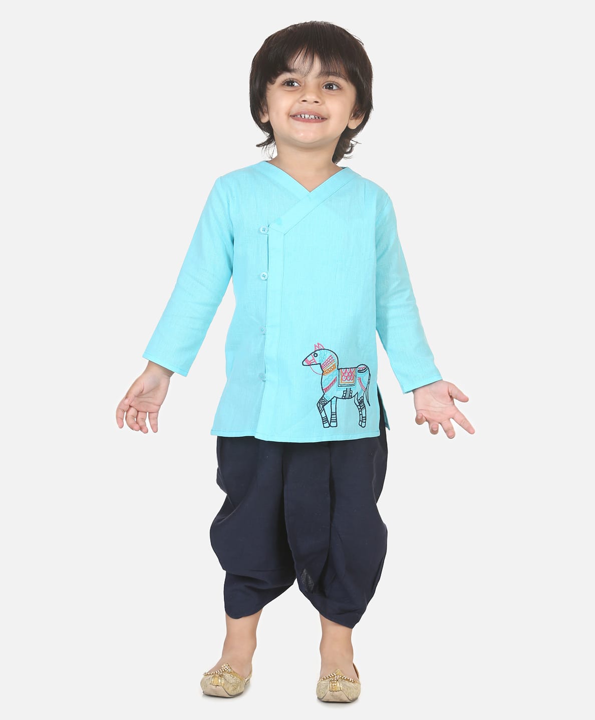 BownBee Cotton Flax Woven Full Sleeves Horse Embroidered Kurta & Dhoti Set - Blue-picture-36