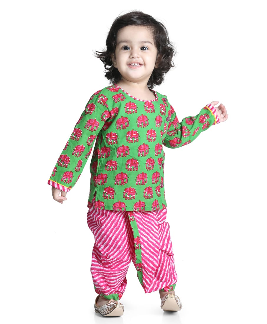 BownBee Cotton Woven Full Sleeves Elephant Printed Kurta & Dhoti Set - Green-picture-33