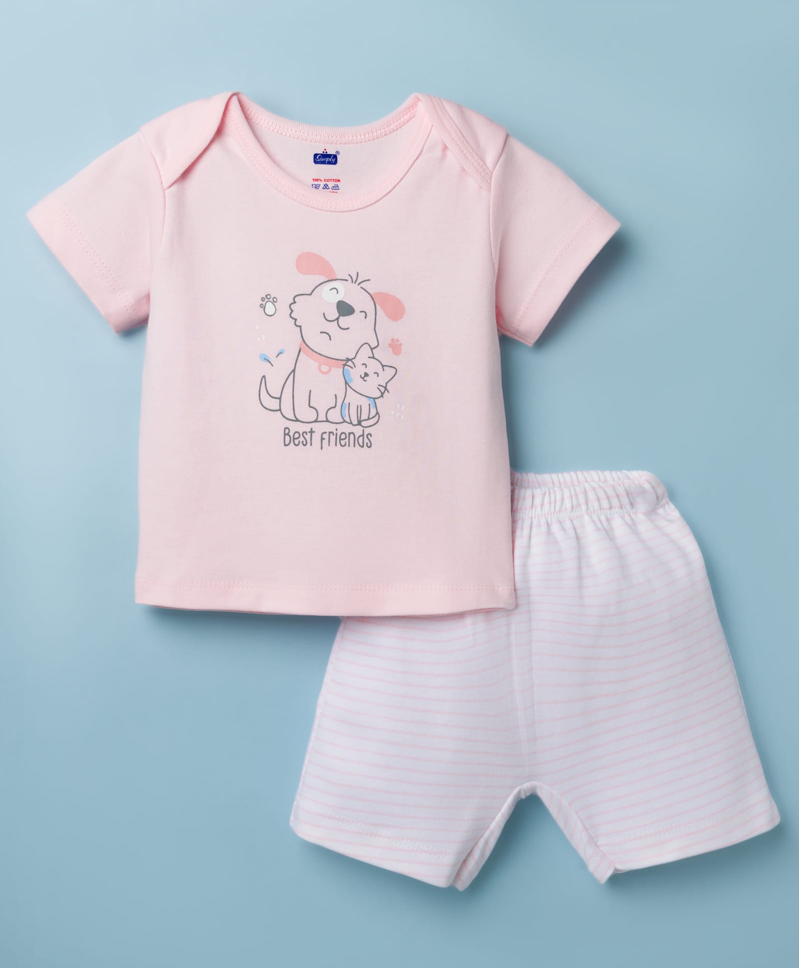 Simply Interlock Knit Half Sleeves Animal Printed T-Shirt & Shorts Night Suit With Stripes - Baby Pink-picture-38