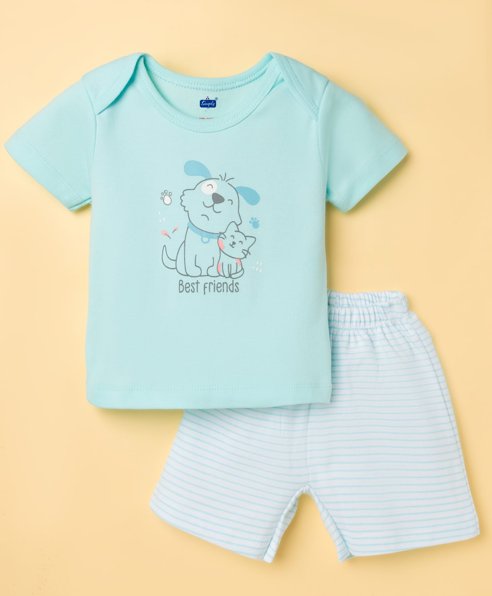 Simply Interlock Knit Half Sleeves Animal Printed T-Shirt & Shorts Night Suit With Stripes - Aqua Blue-picture-21