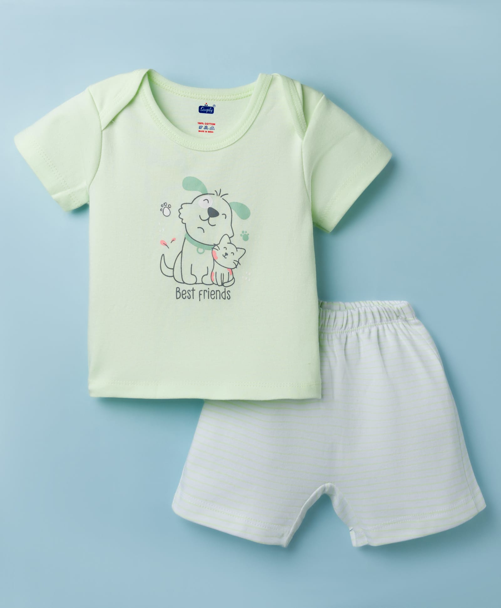 Simply Interlock Knit Half Sleeves Animal Printed T-Shirt & Shorts Night Suit With Stripes - Light Green-picture-19