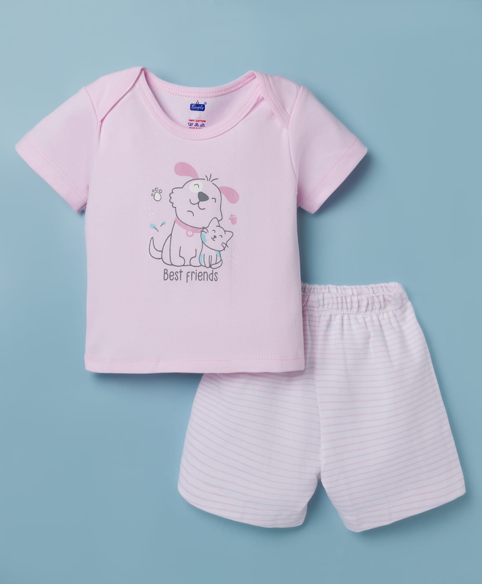 Simply Interlock Knit Half Sleeves Animal Printed T-Shirt & Shorts Night Suit With Stripes - Pink-picture-35