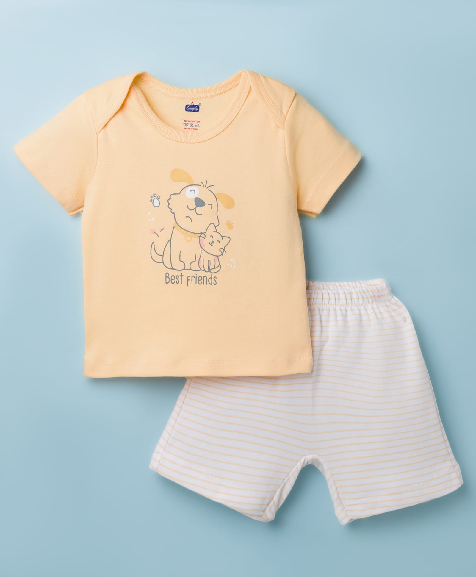 Simply Interlock Knit Half Sleeves Animal Printed T-Shirt & Shorts Night Suit With Stripes - Cream-image-43