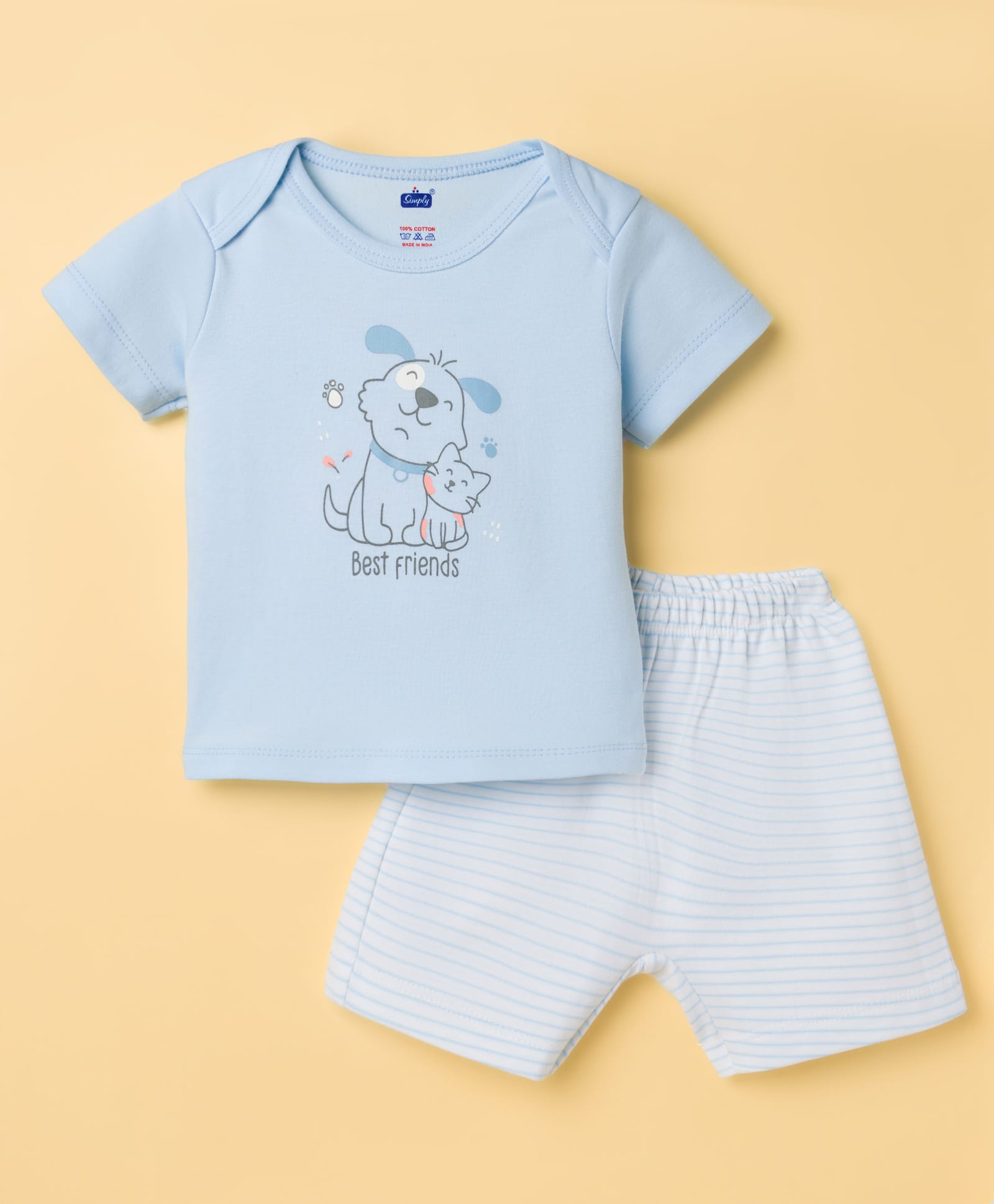 Simply Interlock Knit Half Sleeves Animal Printed T-Shirt & Shorts Night Suit With Stripes - Light Blue-picture-28