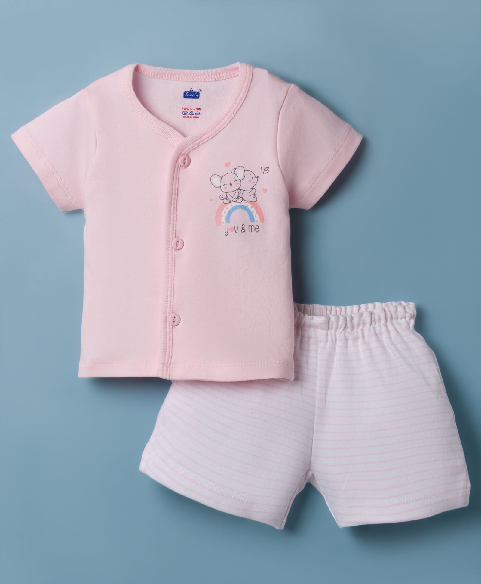 Simply Interlock Knit Half Sleeves Animal Printed T-Shirt & Shorts Night Suit With Stripes - Baby Pink-picture-29