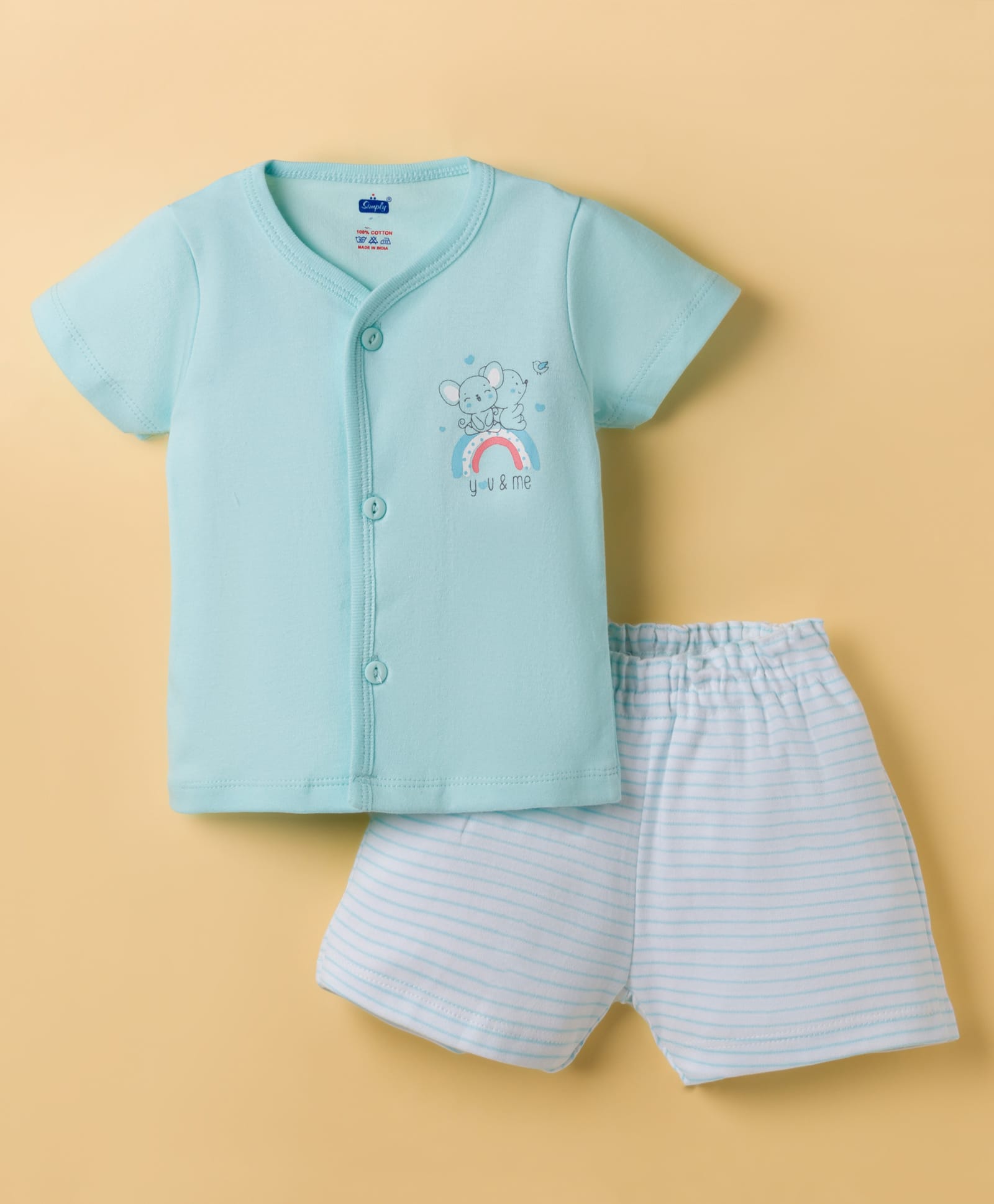 Simply Interlock Knit Half Sleeves Animal Printed T-Shirt & Shorts Night Suit With Stripes - Aqua Blue-picture-30