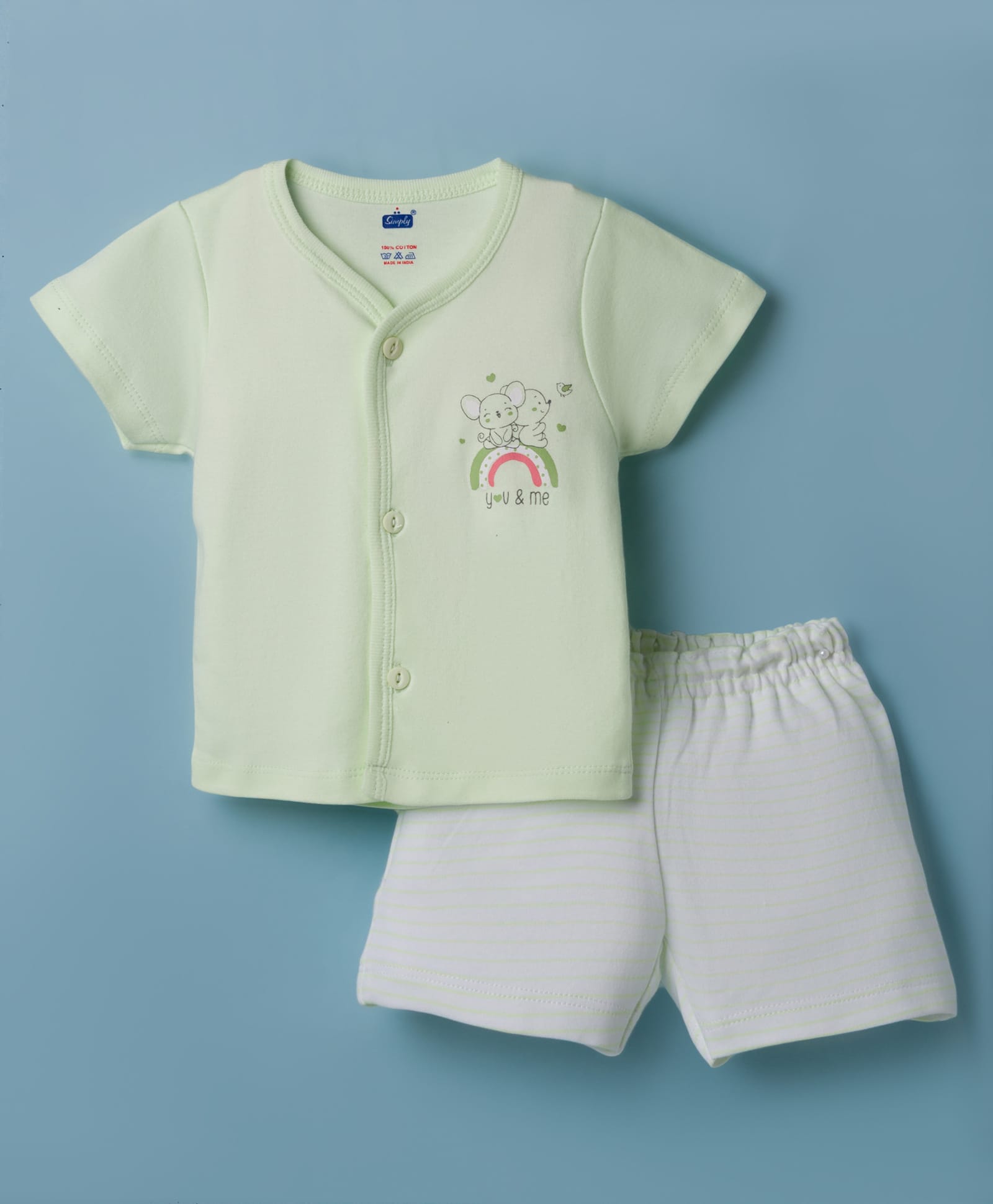 Simply Interlock Knit Half Sleeves Animal Printed T-Shirt & Shorts Night Suit With Stripes - Light Green-picture-27