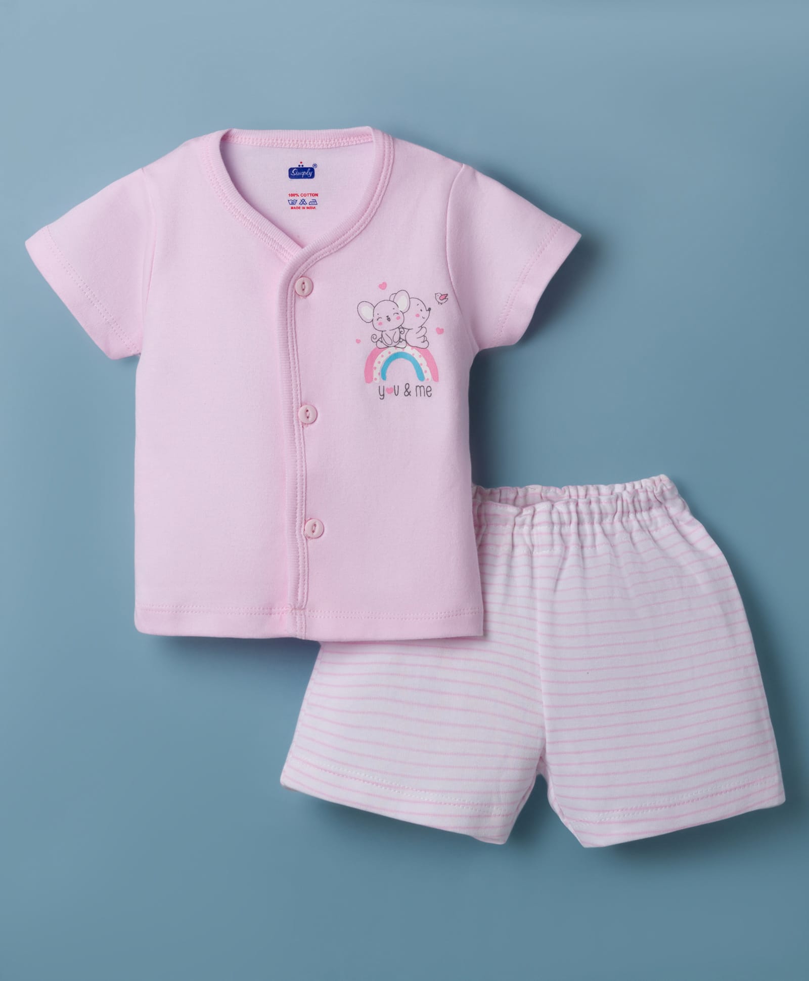 Simply Interlock Knit Half Sleeves Animal Printed T-Shirt & Shorts Night Suit With Stripes - Pink-picture-36