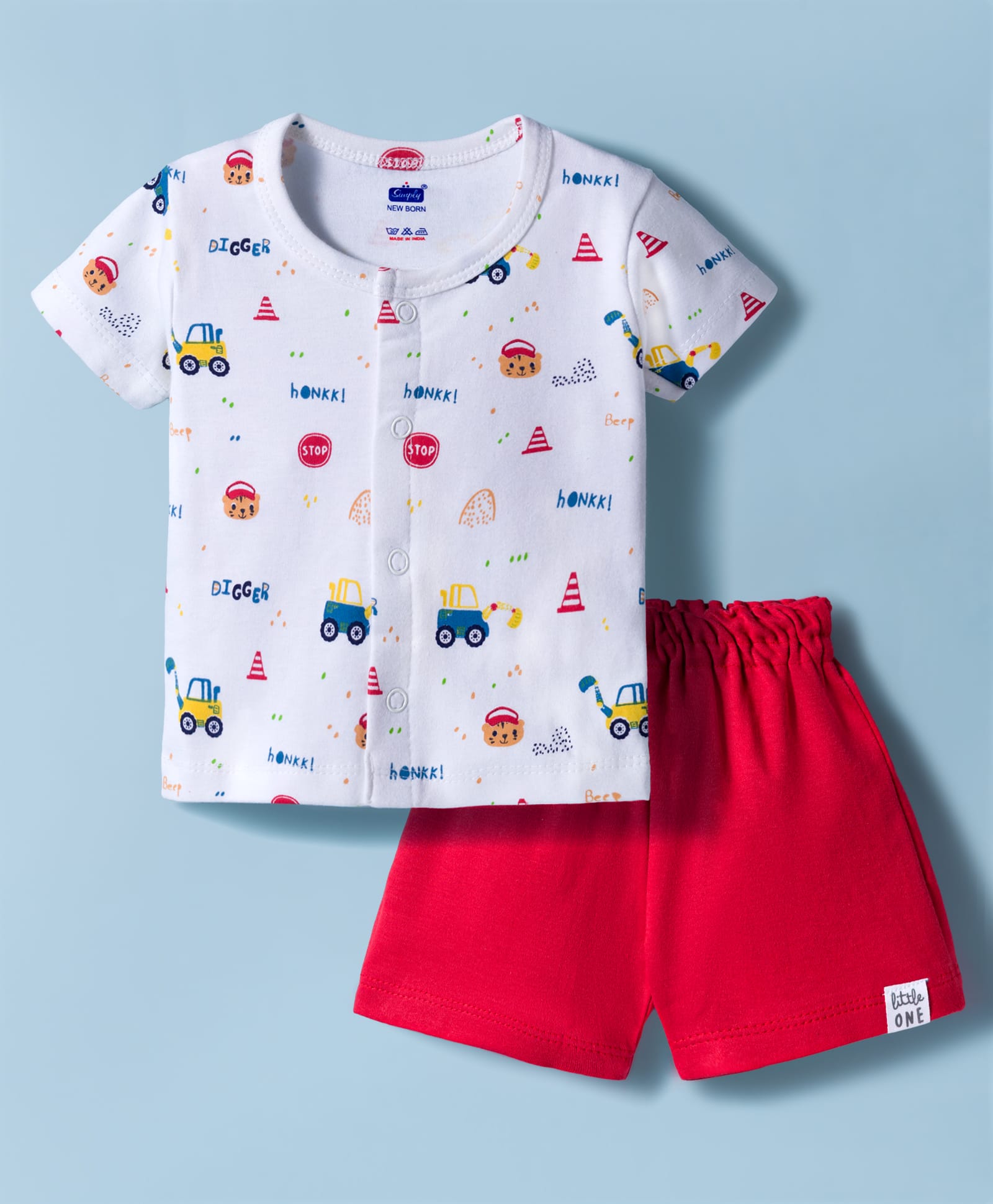 Simply Interlock Knit Half Sleeves Construction Vehicles Printed T-Shirt & Shorts Night Suit - Red-image-45