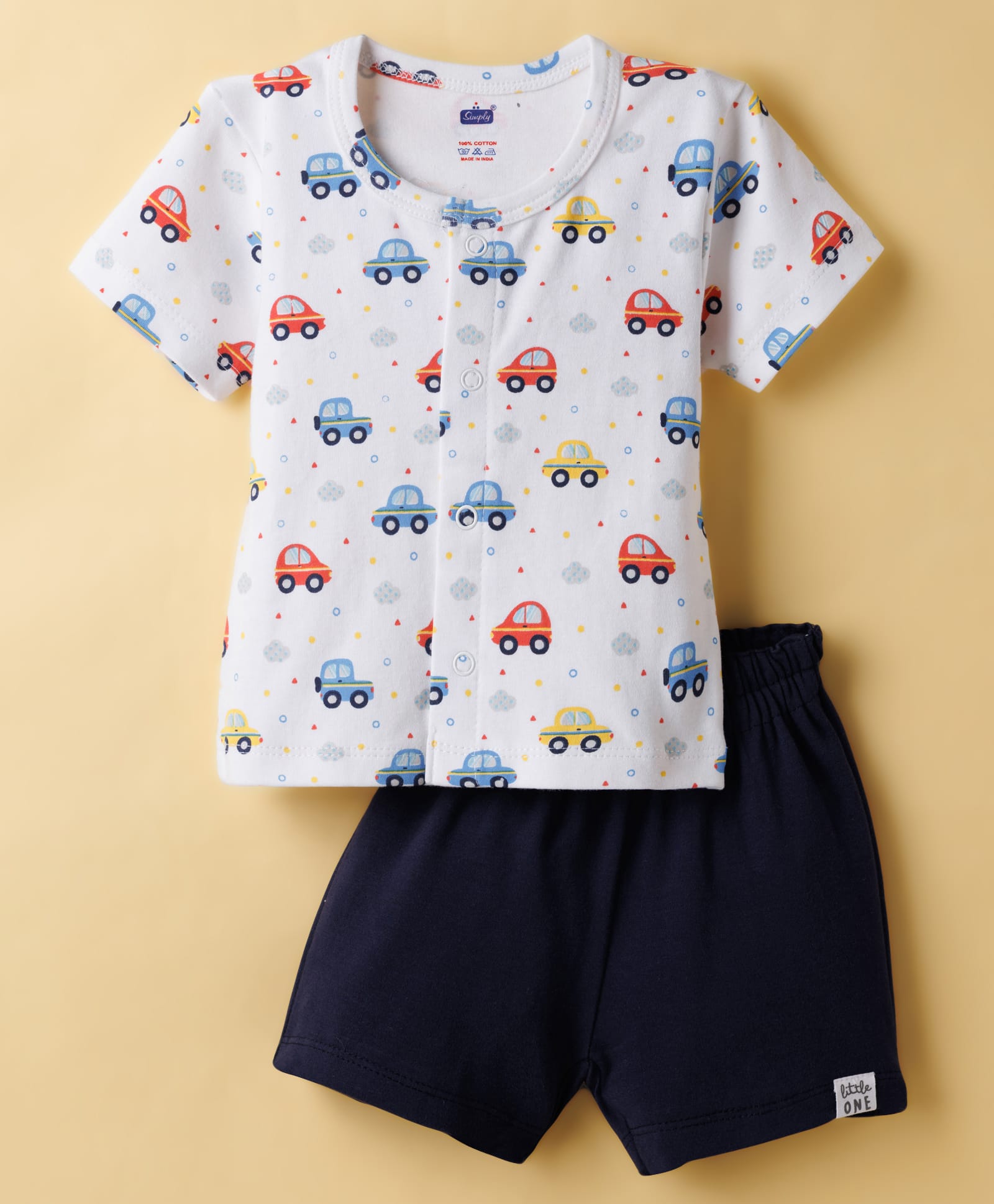 Simply Interlock Knit Half Sleeves T-Shirt & Shorts Night Suit with Car Print - White & Navy Blue-image-32