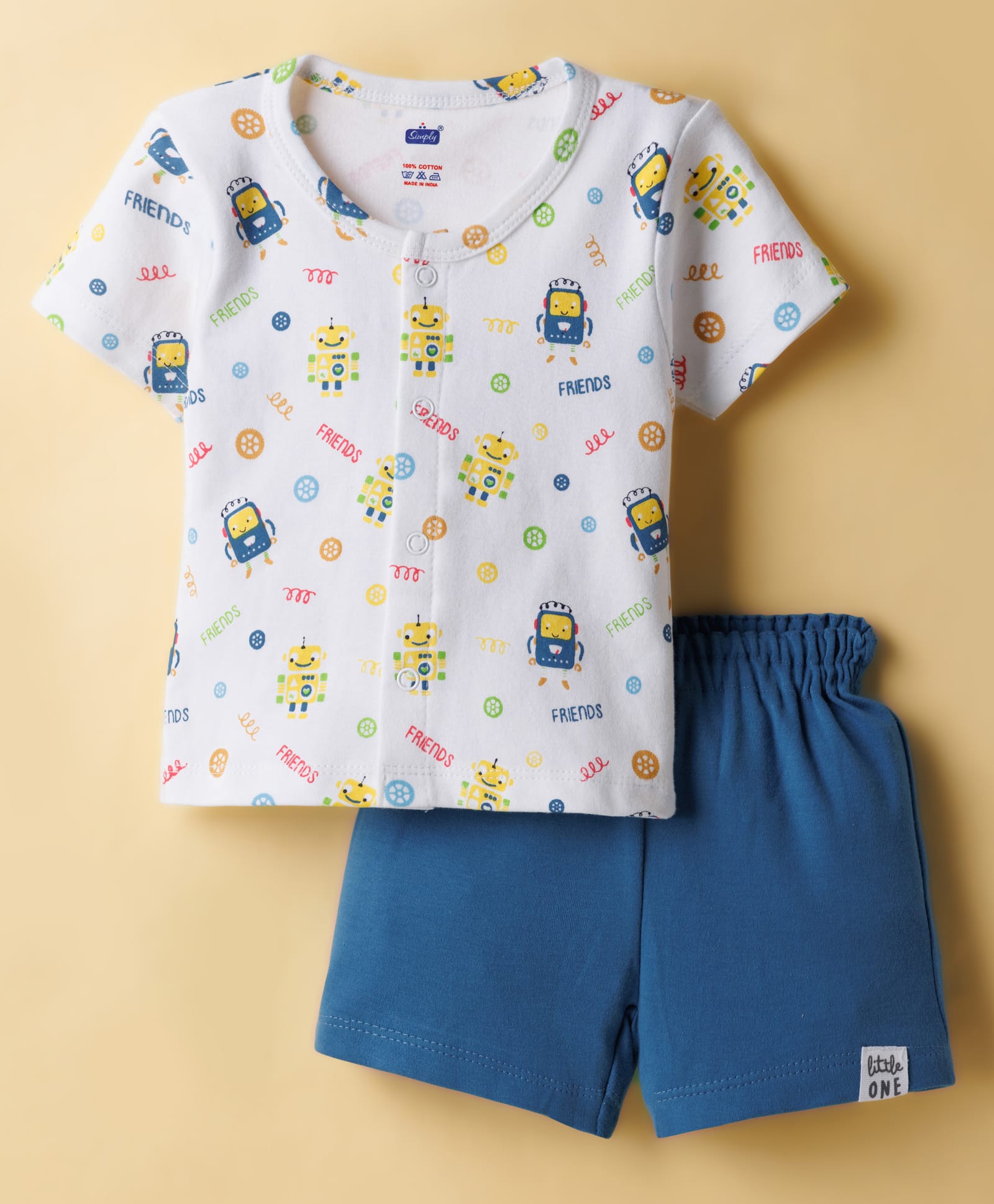 Simply Interlock Knit Half Sleeves T-Shirt & Shorts Night Suit with Robo Print - White & Blue-image-3